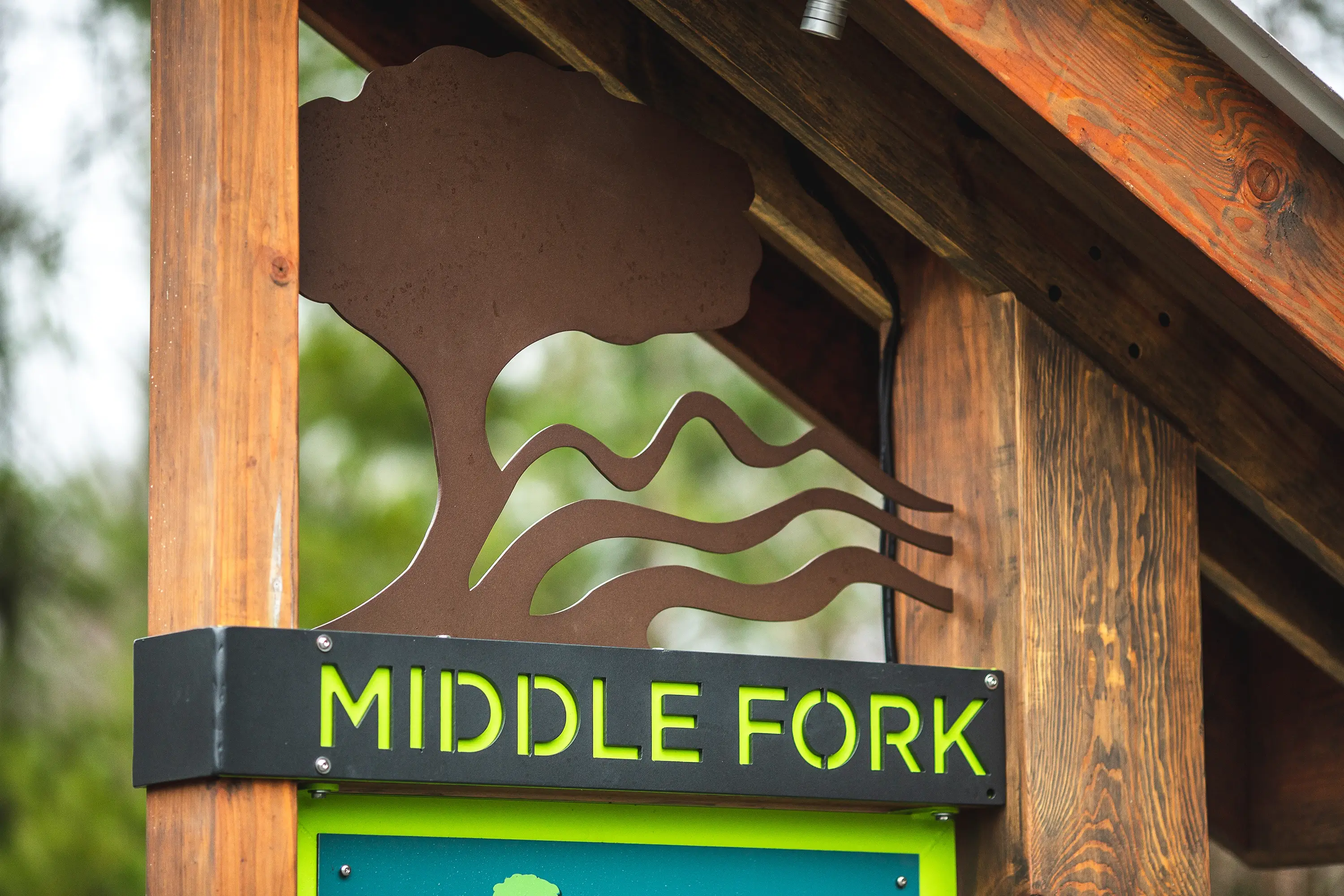 A close-up detail shot of the tree accent in the Middle Fork Greenway interpretive signage