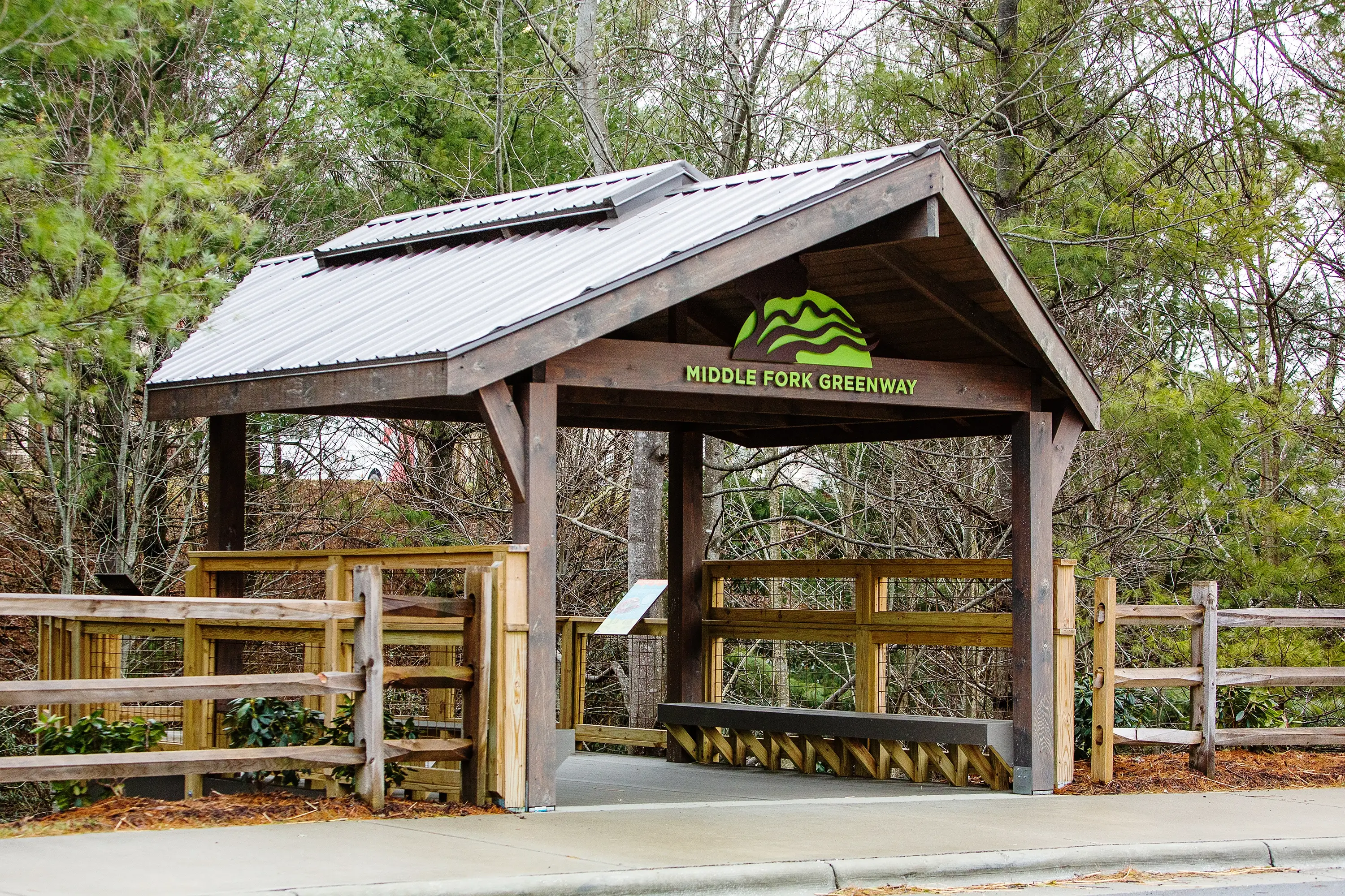 The entry pavilion shelter at the Middle Fork Greenway