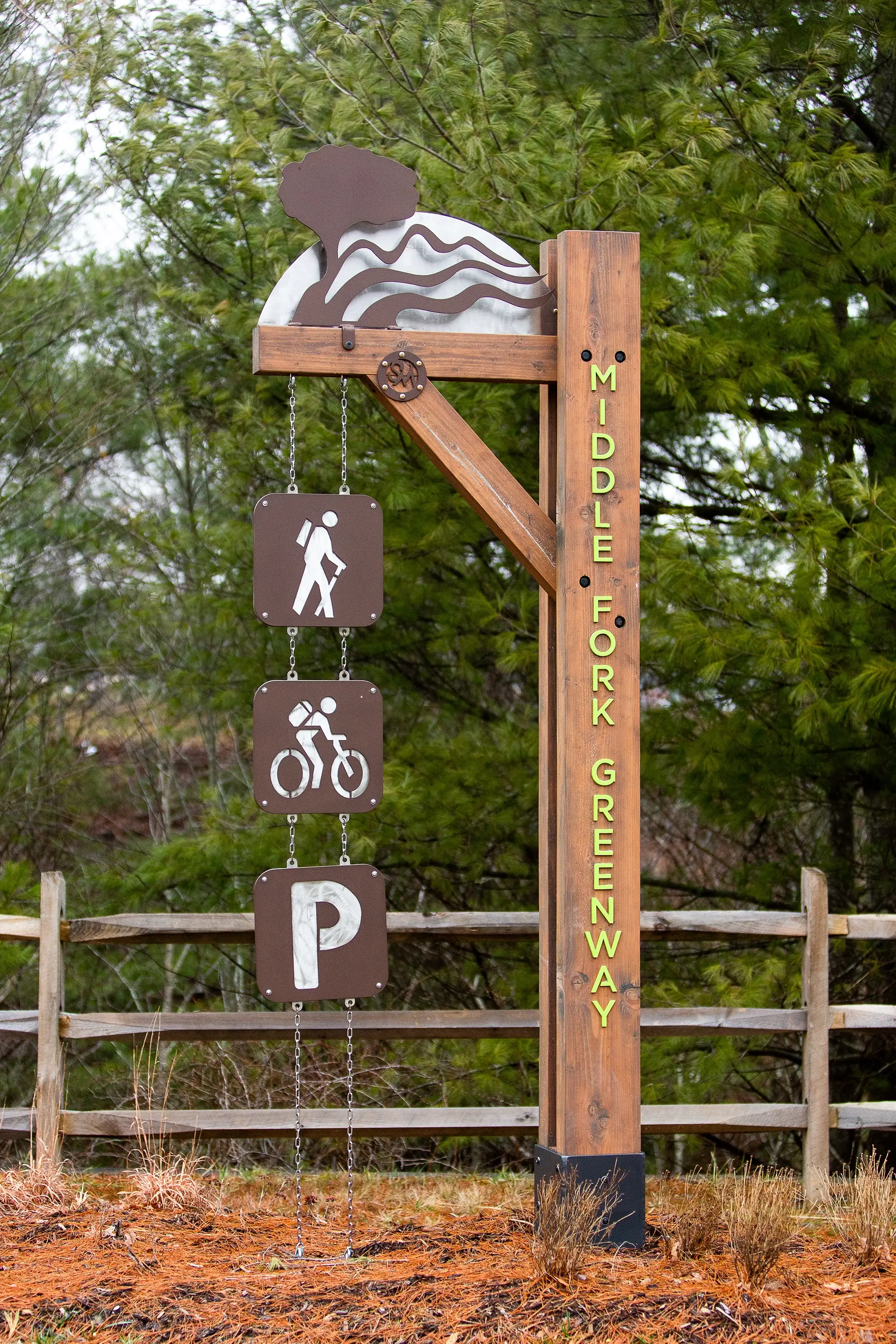The trailhead monument for the Middle Fork Greenway
