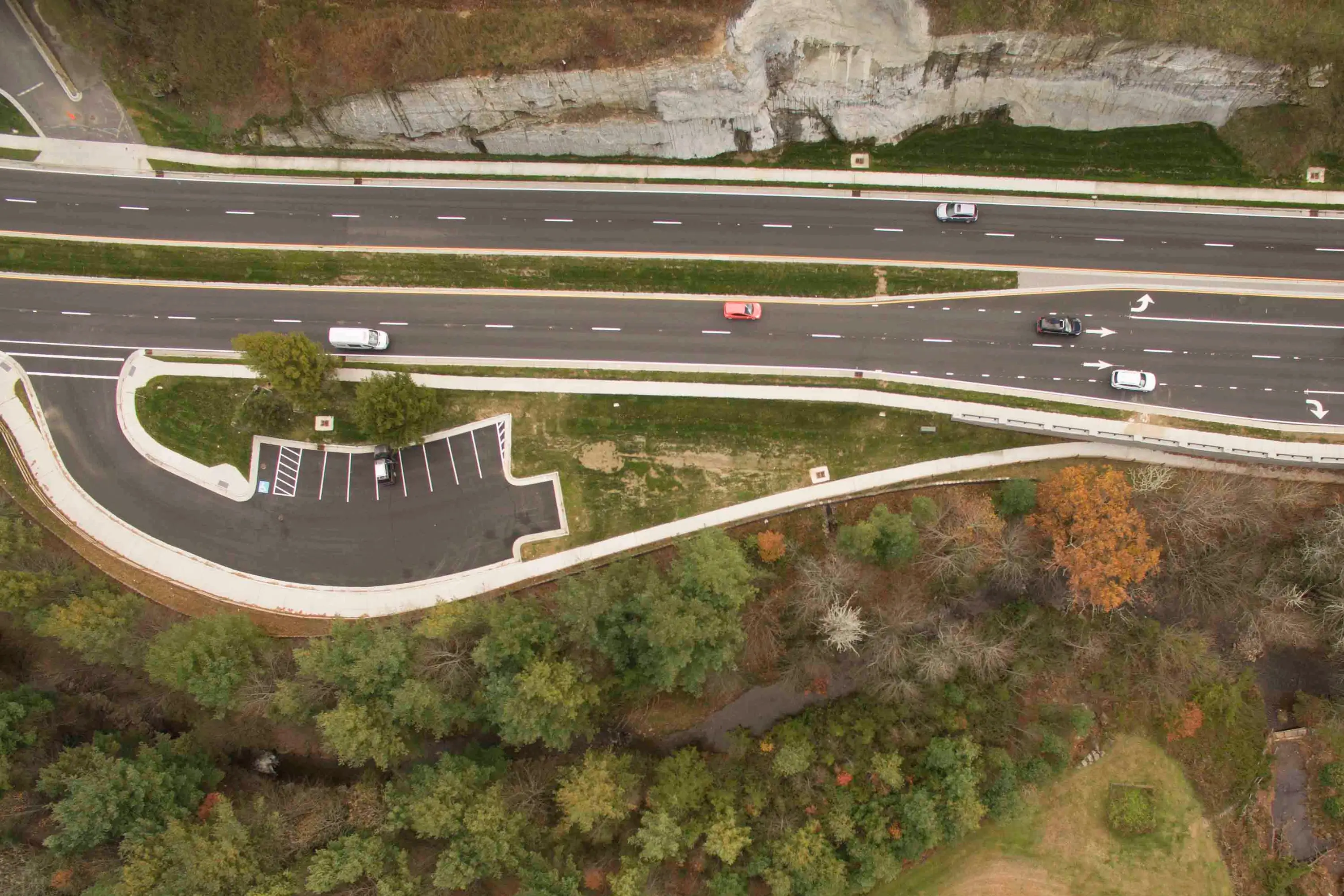 An overhead view of the Middle Fork Greenway parking lot
