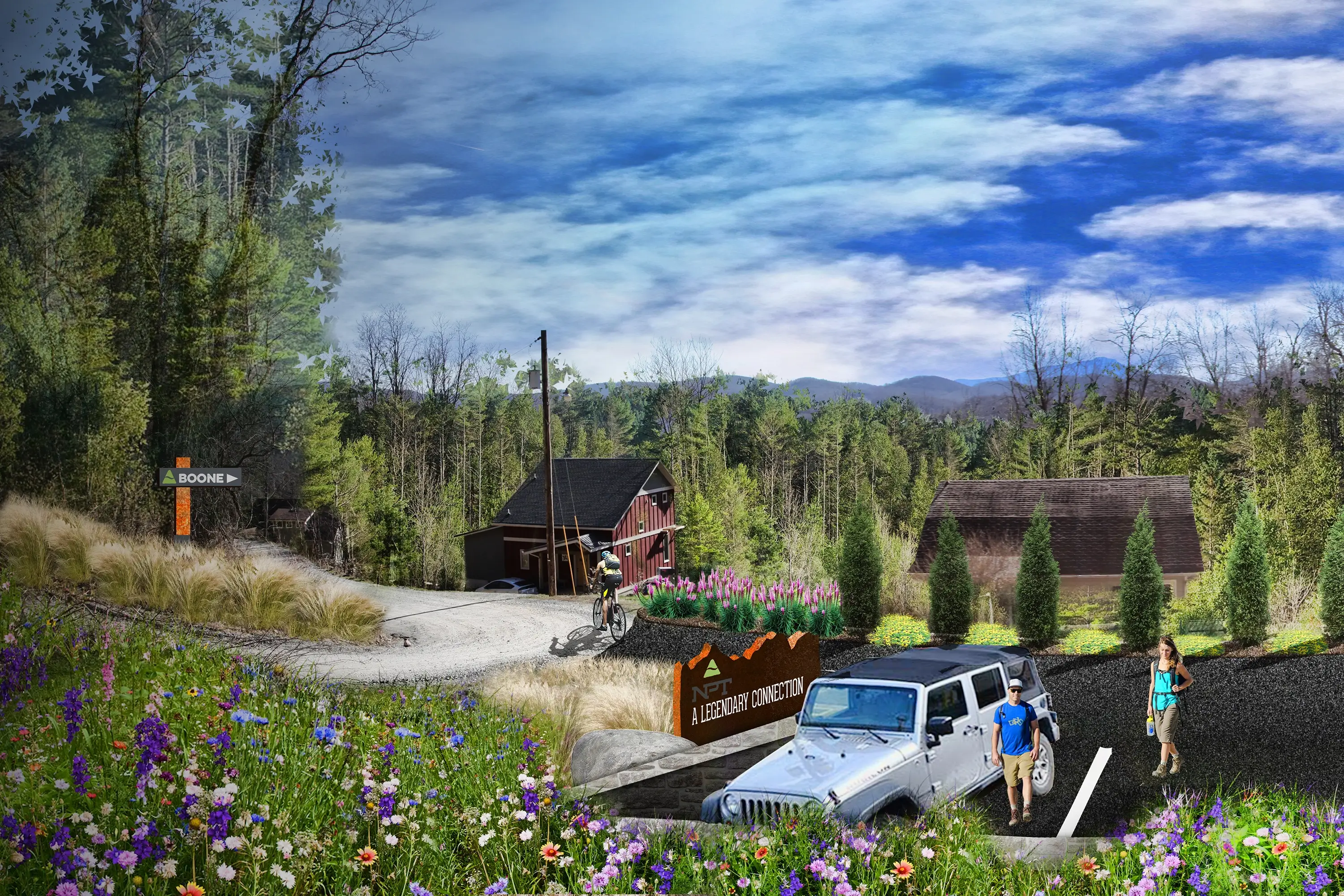 A jeep in a trail parking lot.