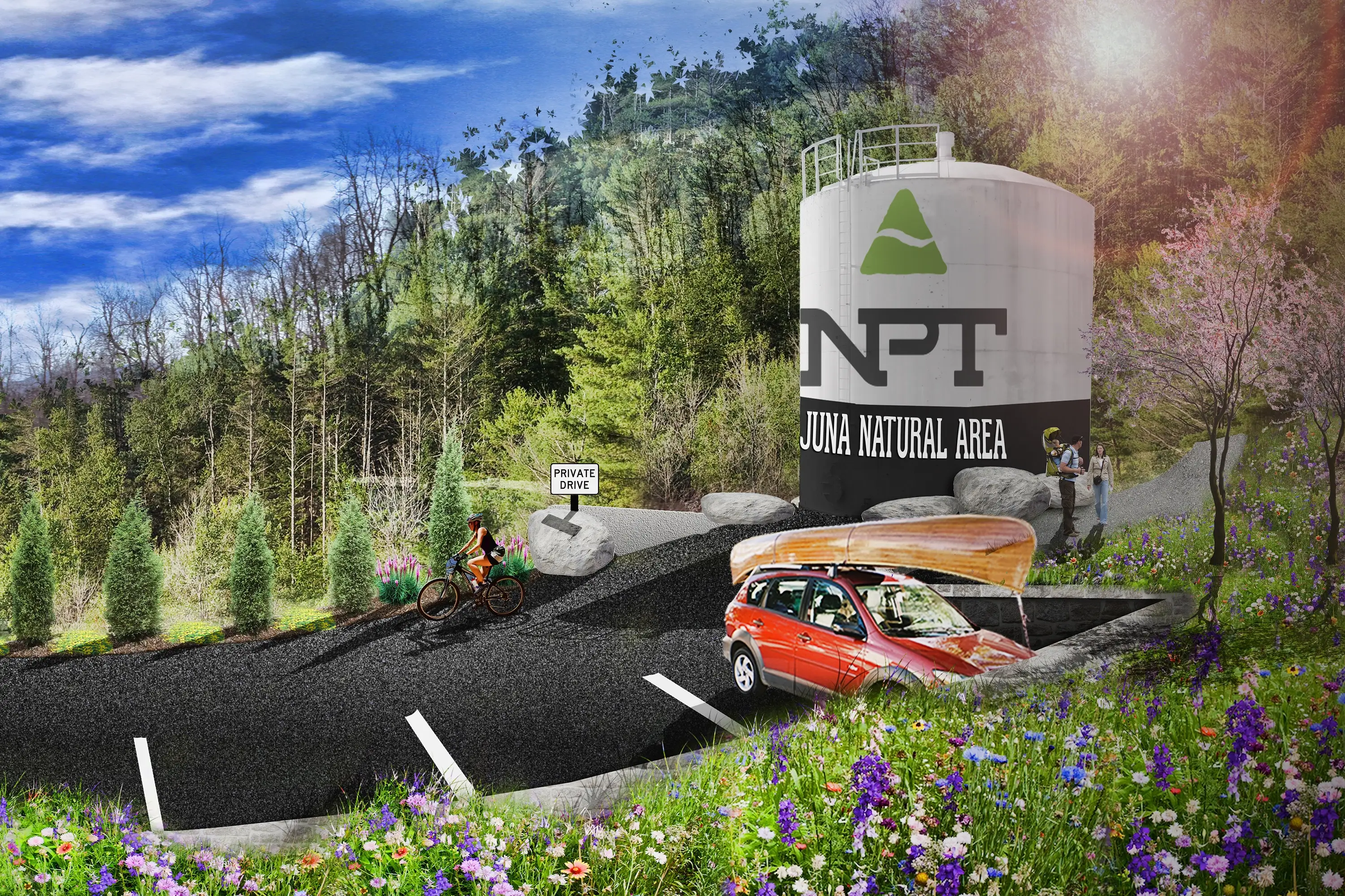 A car parked in front of a water tower.