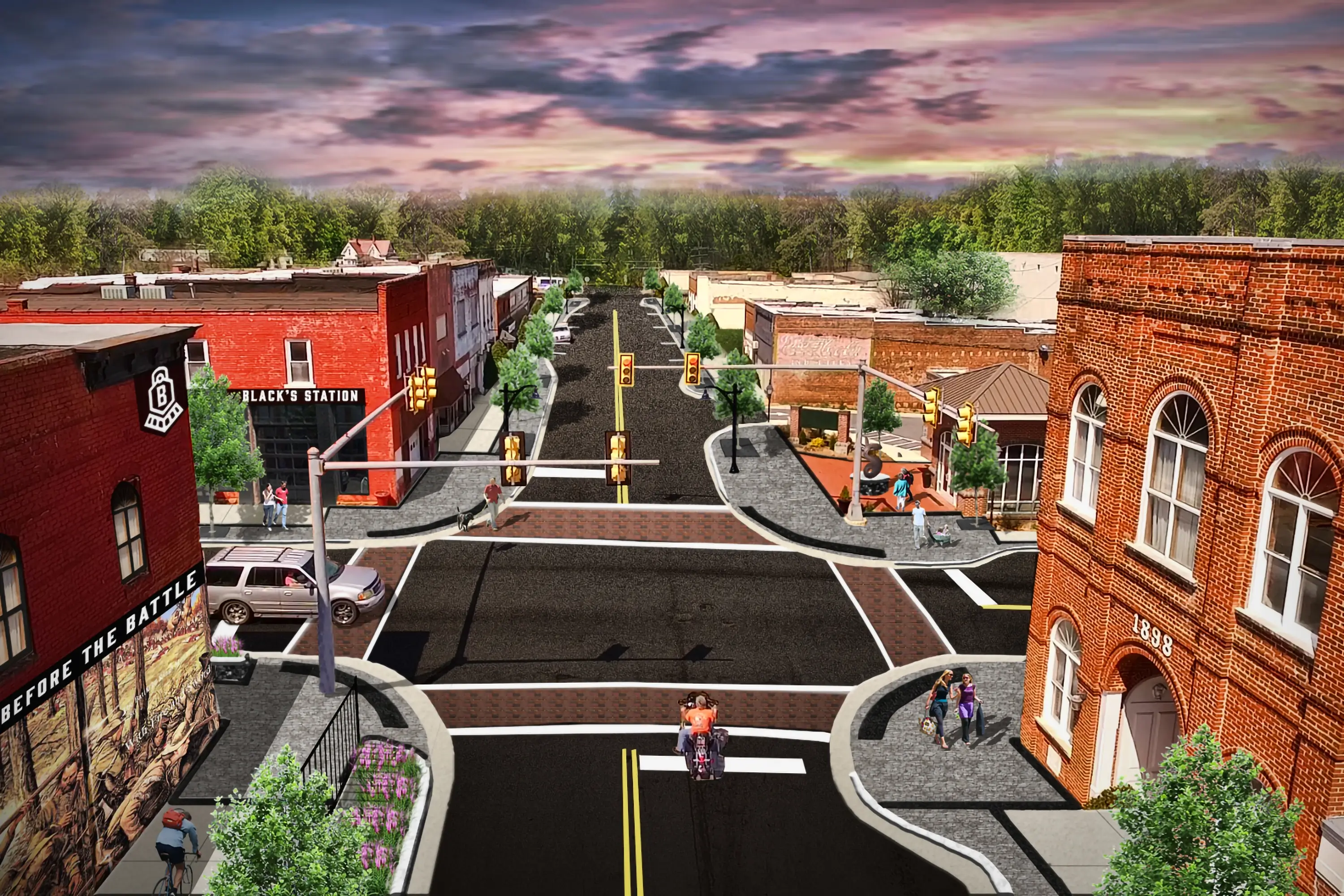 A render of the main intersection in Blacksburg