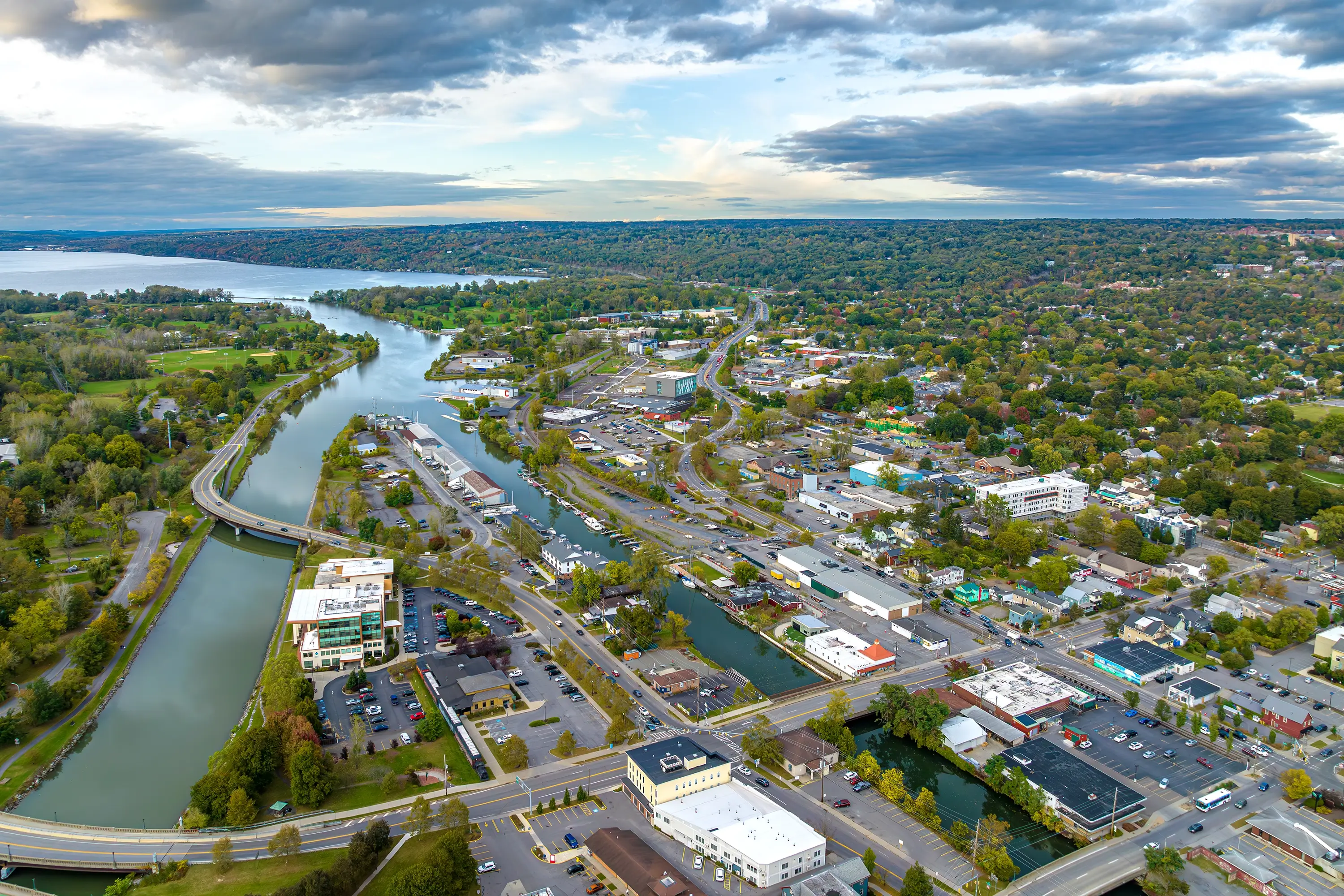 An aerial view of Downtown Ithica, NY
