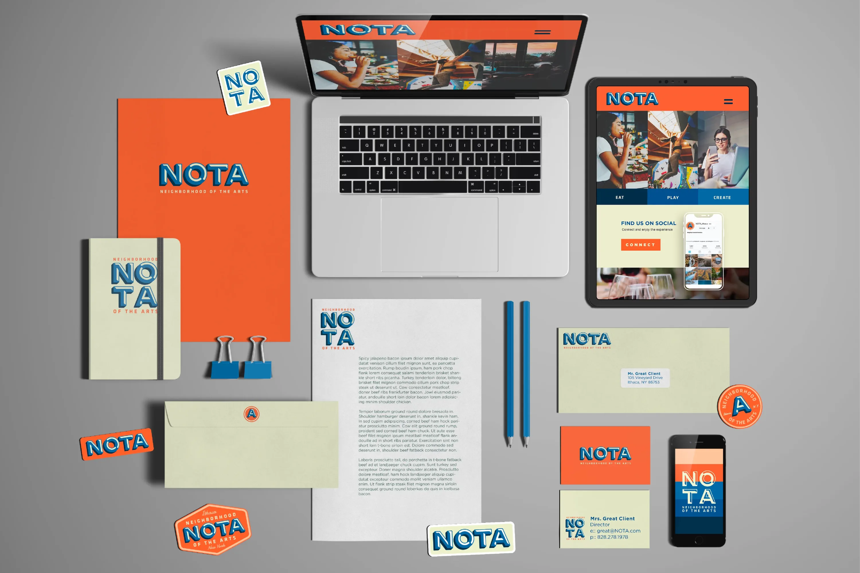 Branded mockups of stationery, a website on a computer, and an ipad