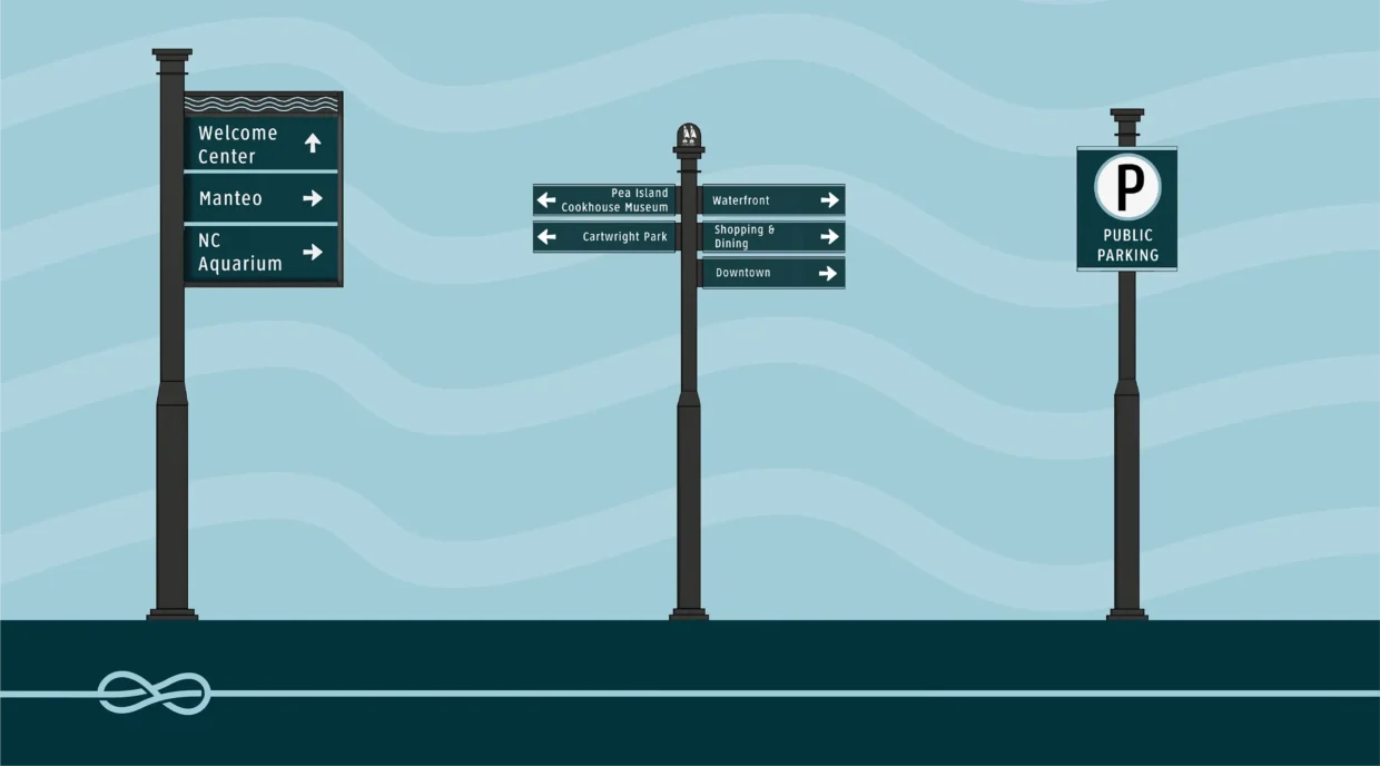 Conceptual signage options for the Manteo, NC brand