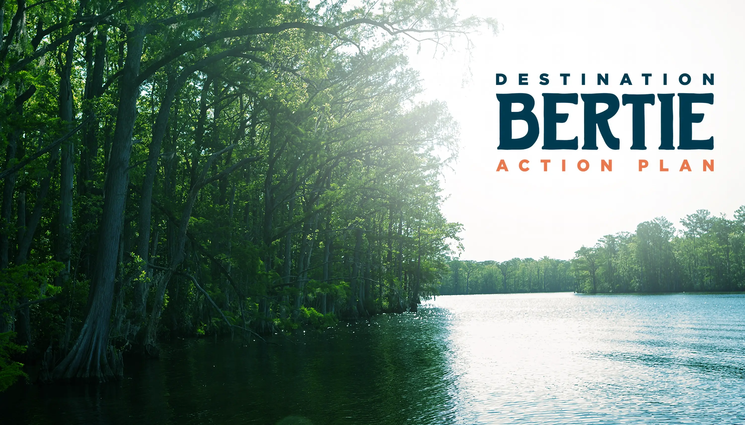 The Destination Bertie logo overlaid on an image of the water