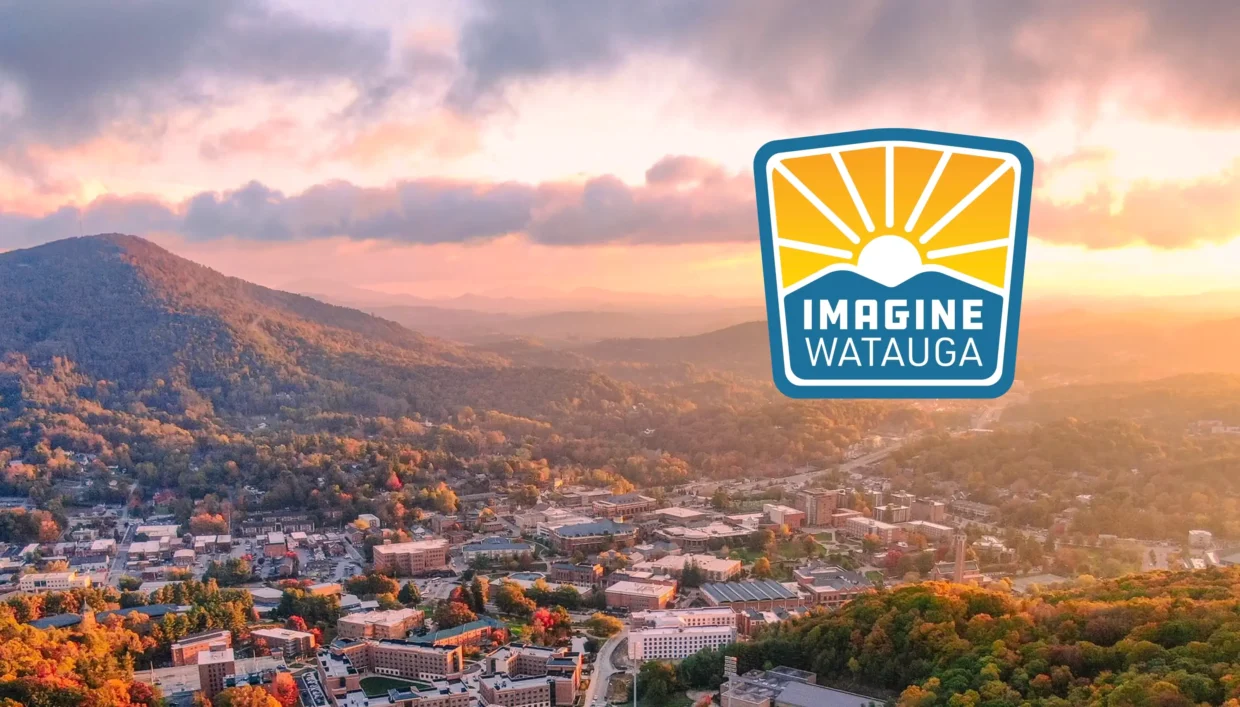 The Imagine Watauga overlaid on an image of a town in the mountains