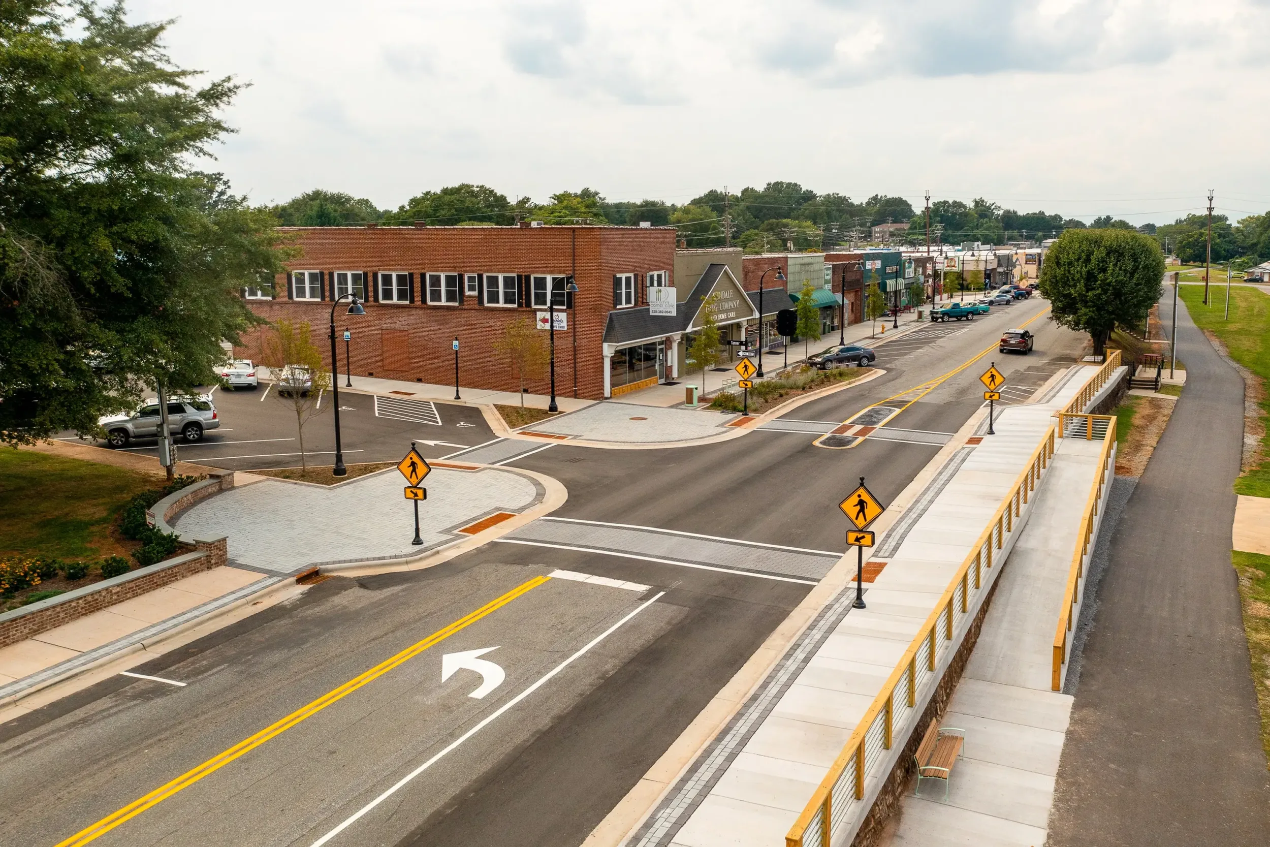 A drone shot of the Spindale Streetscape