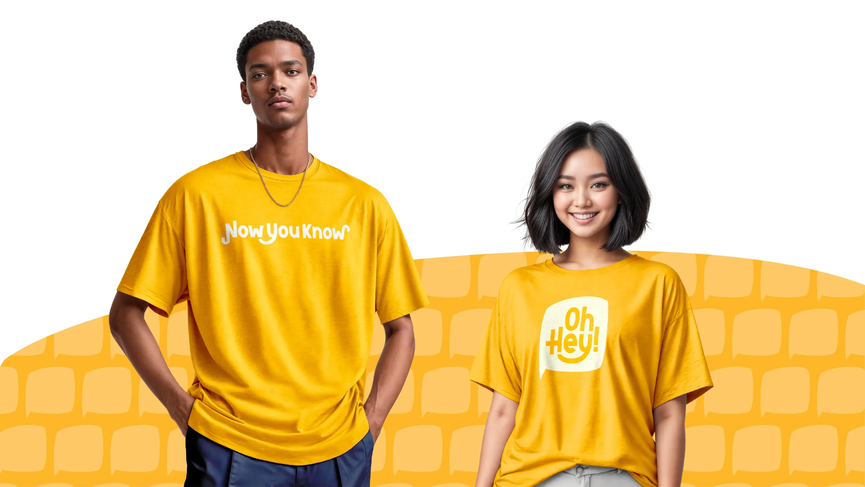Mockups of a man and woman wearing Oh Hey! branded t-shirts