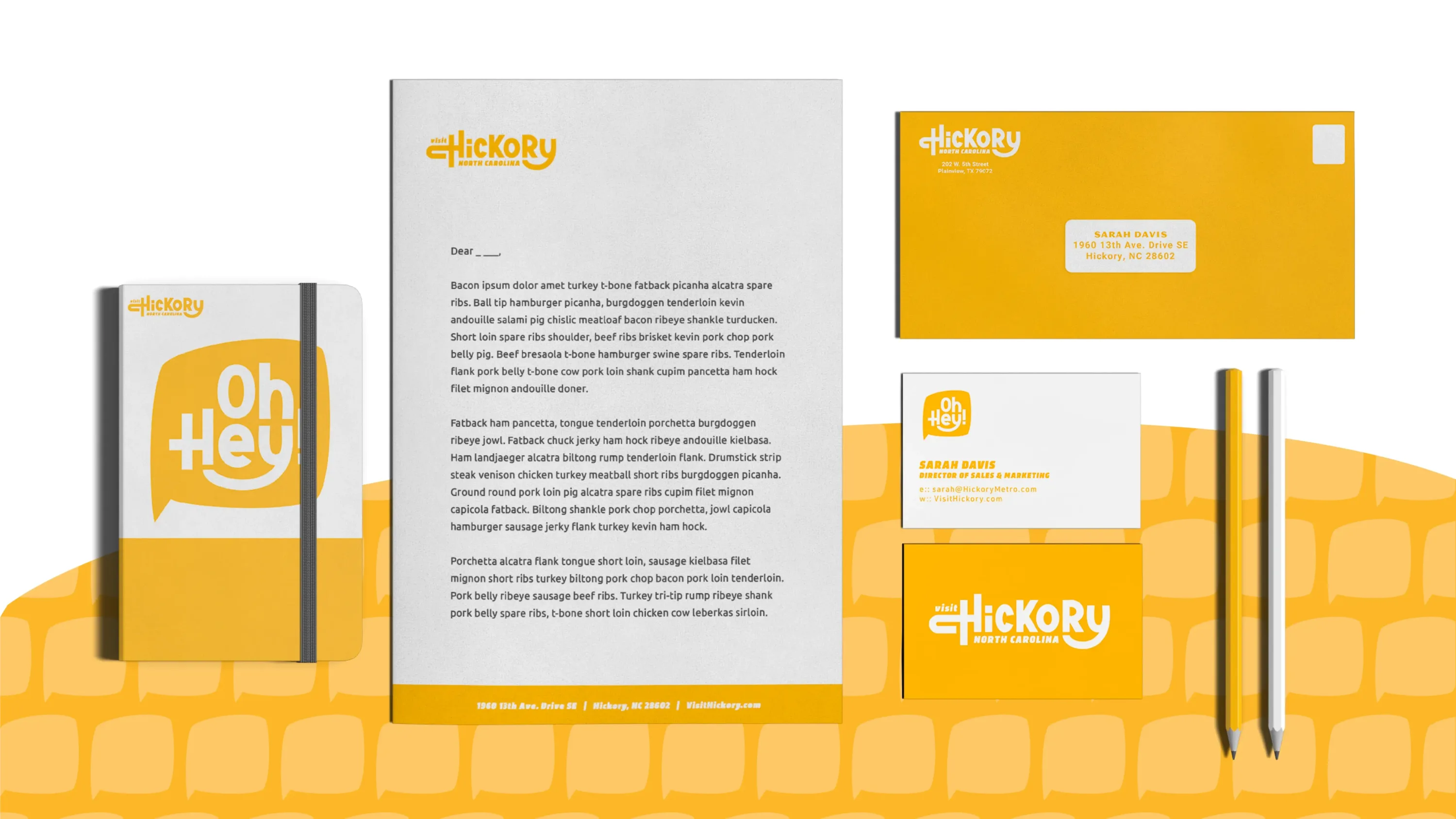Mockups of a Visit Hickory stationery ecosystem