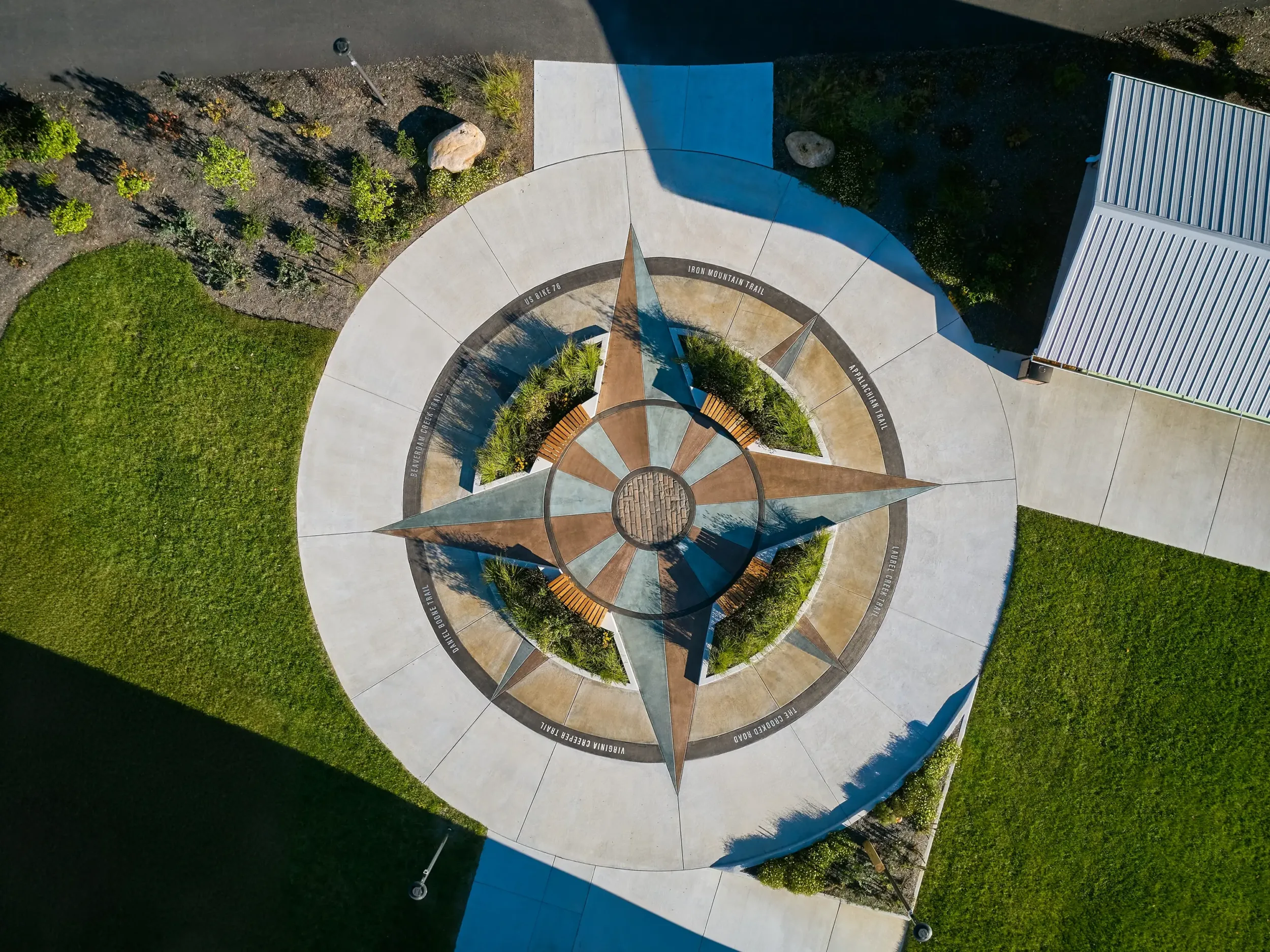 A drone overview shot of the Laurel Creek Park compass