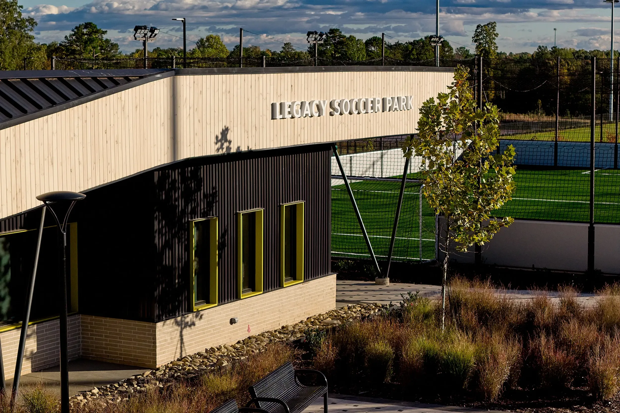 The primary offices and bathrooms at Legacy Soccer Park.