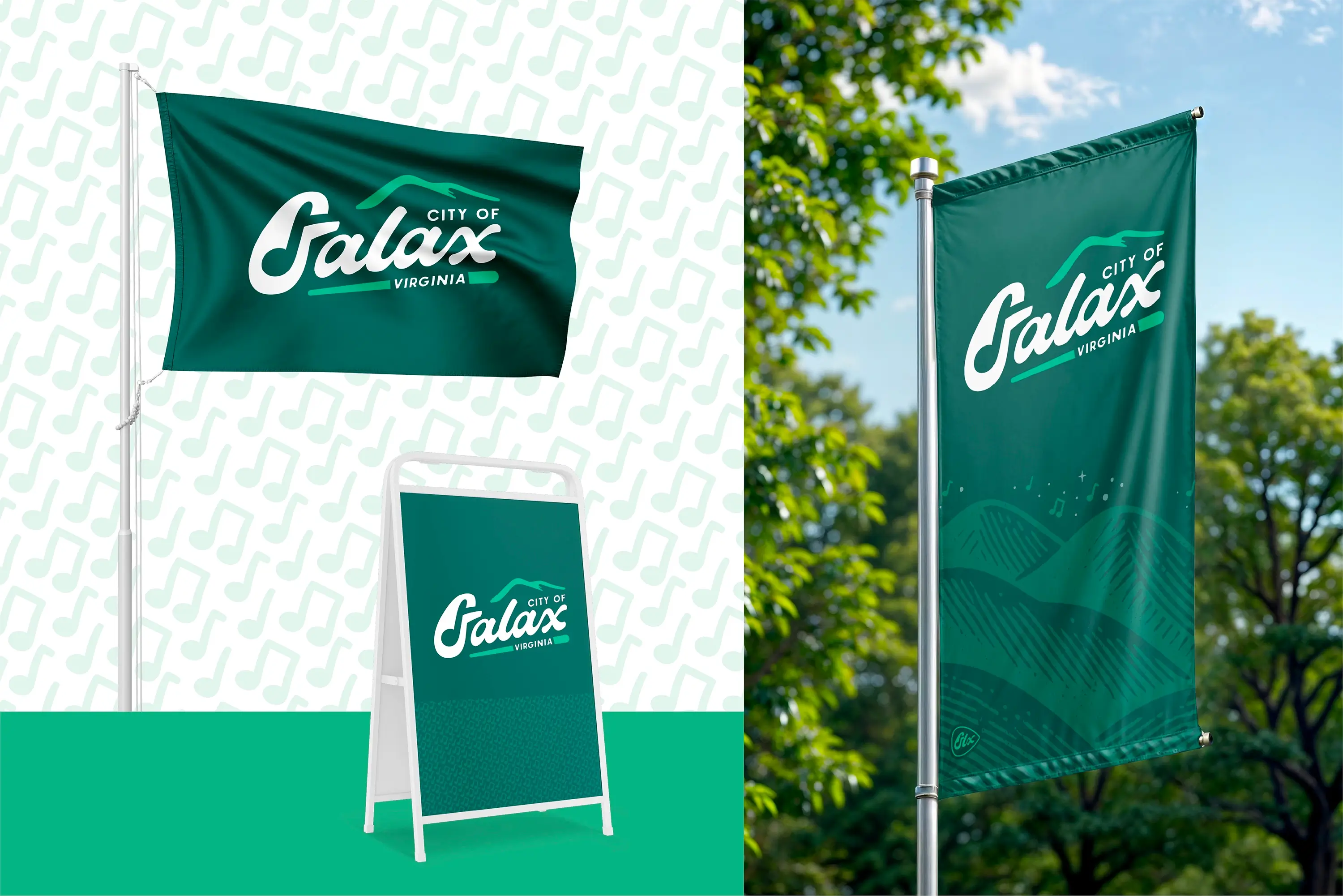 A branded flag, streetside banner, and A-frame sign