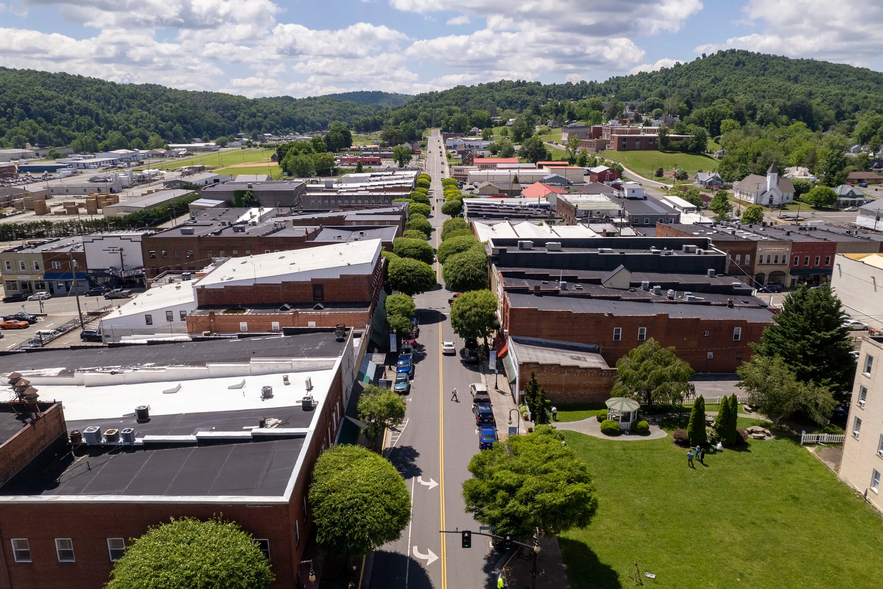 A drone shot of the greenspace in the City of Galax