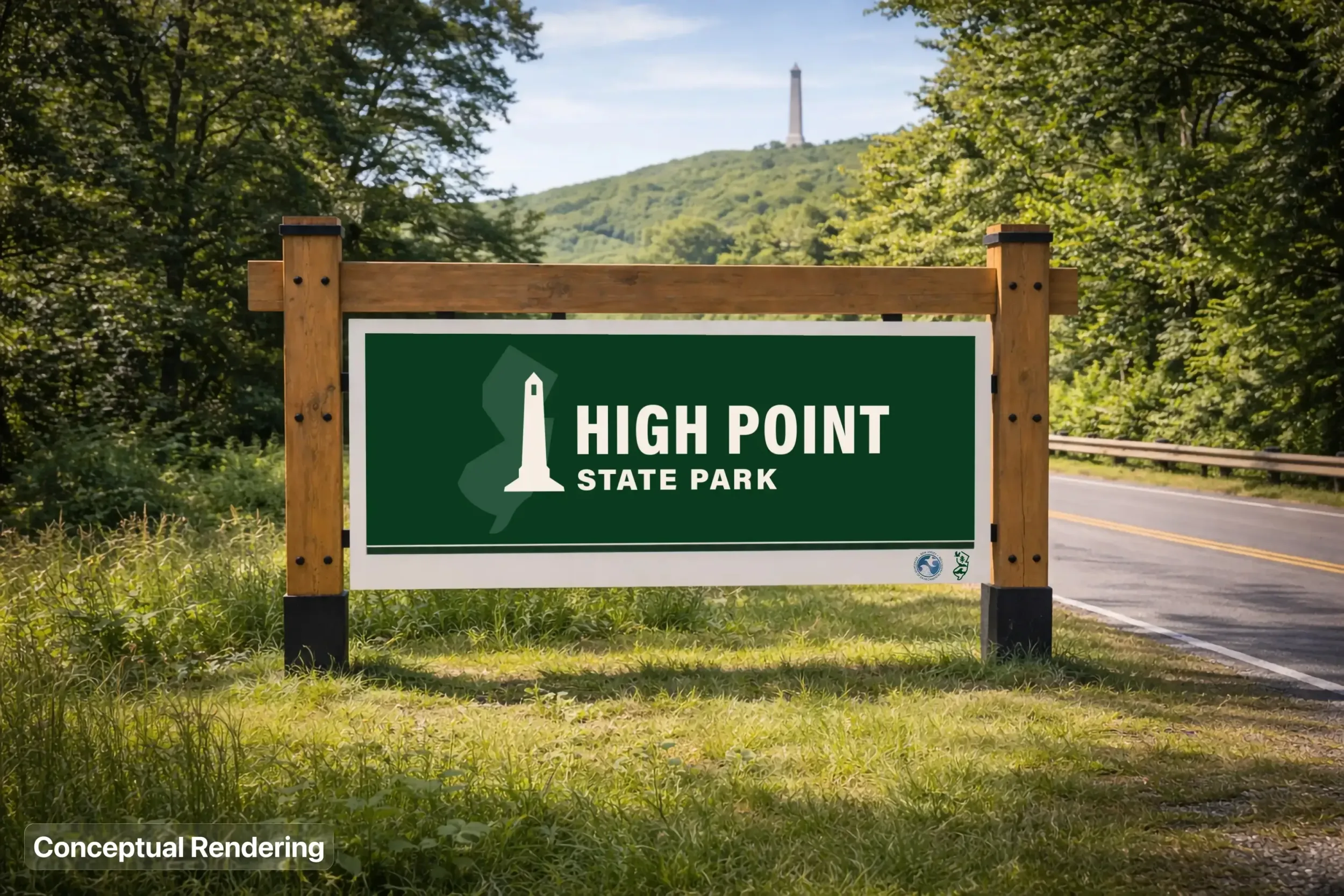 A conceptual render of the entrance signage for High Point State Park