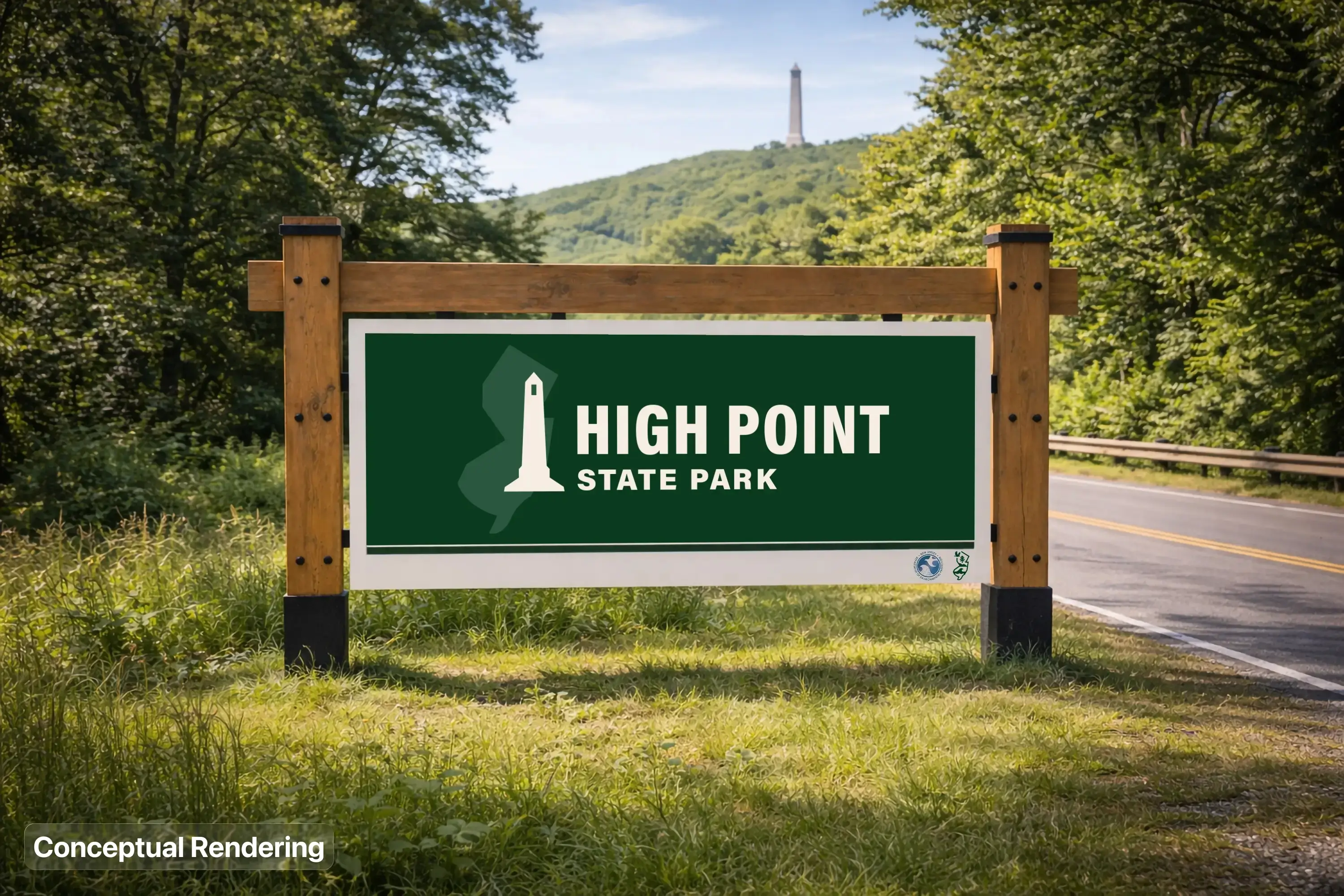 A conceptual render of the entrance signage for High Point State Park