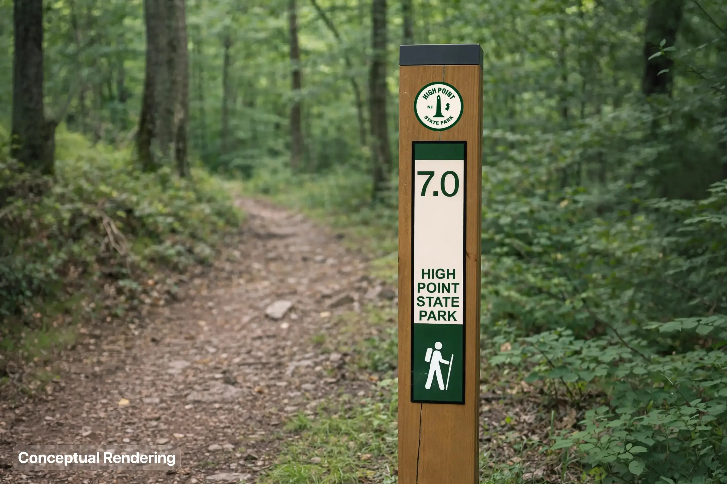 A conceptual render of a mile marker sign on a trail at High Point State Park