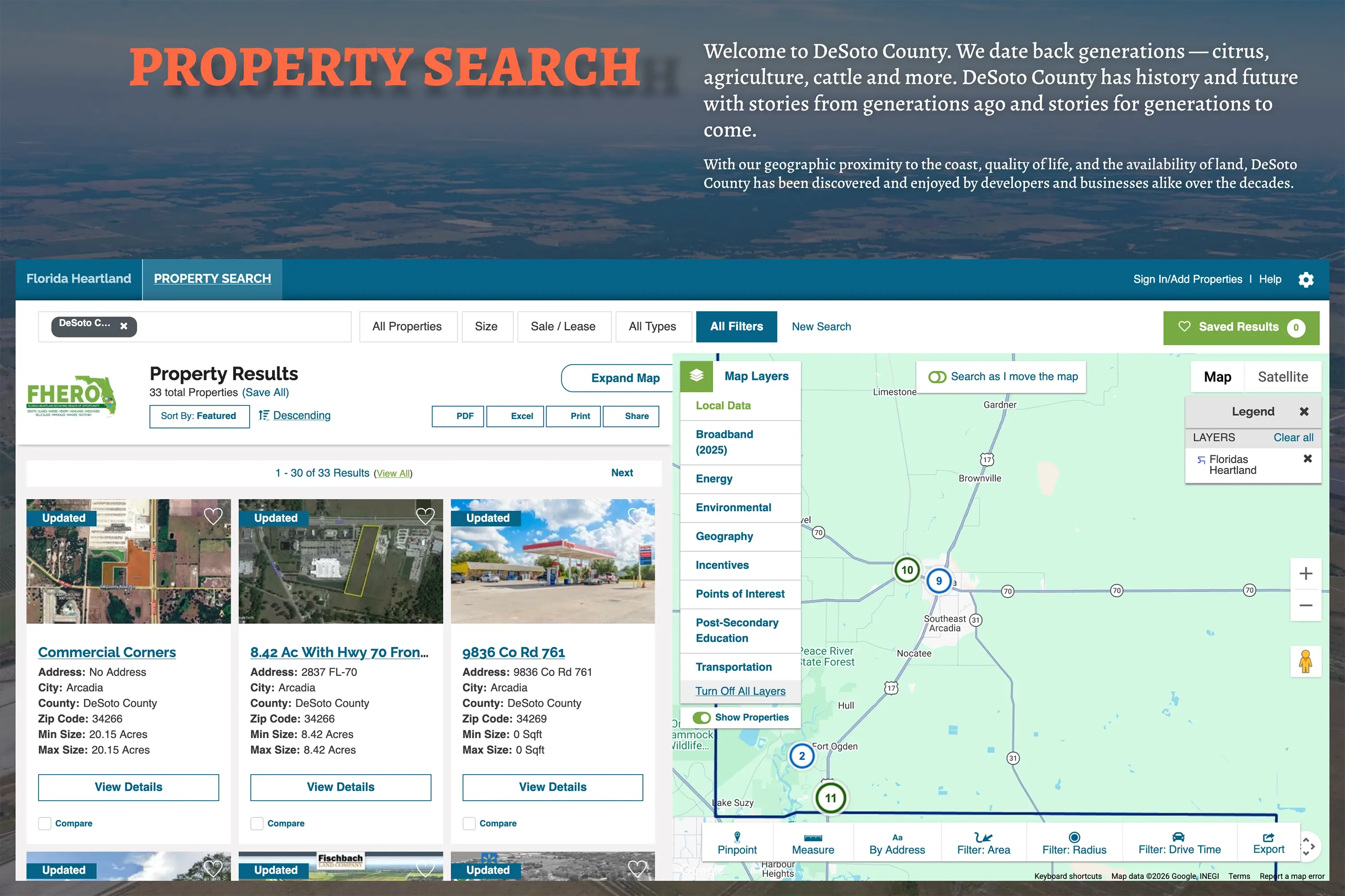 The Property Search page on DeSoto EDC's website