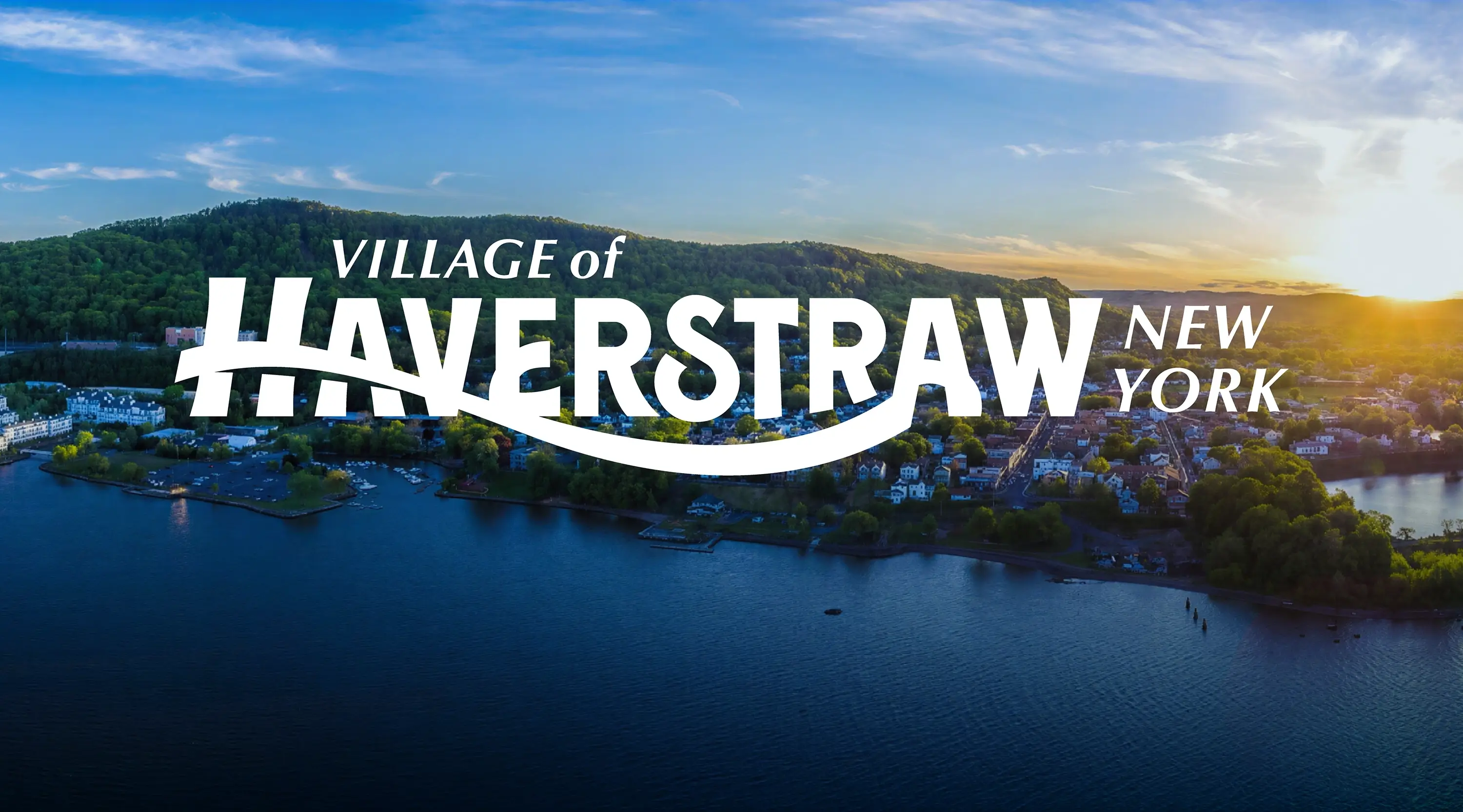 A branded aerial photo of the Village of Haverstraw by the water