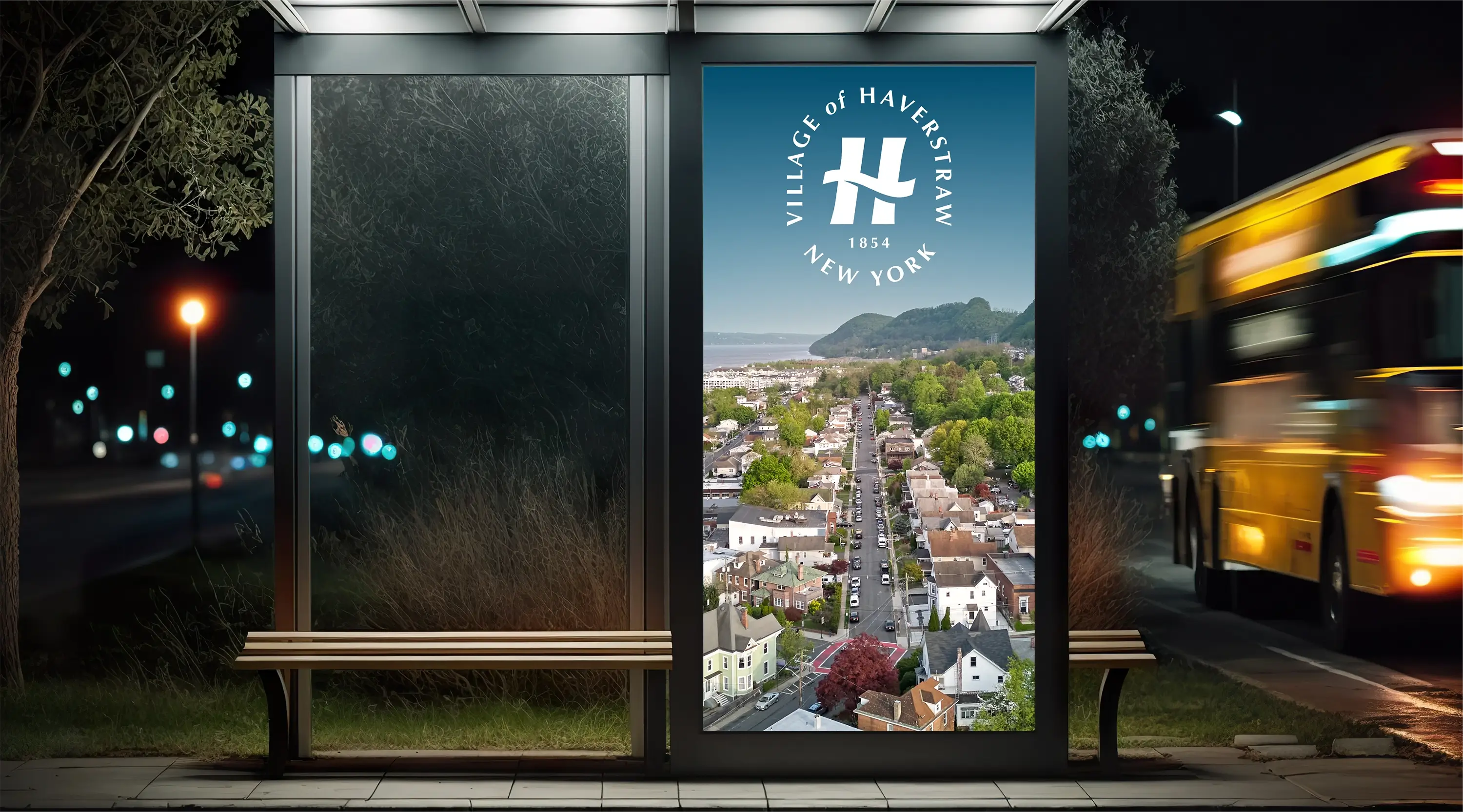 An LED sign displaying a Haverstraw poster
