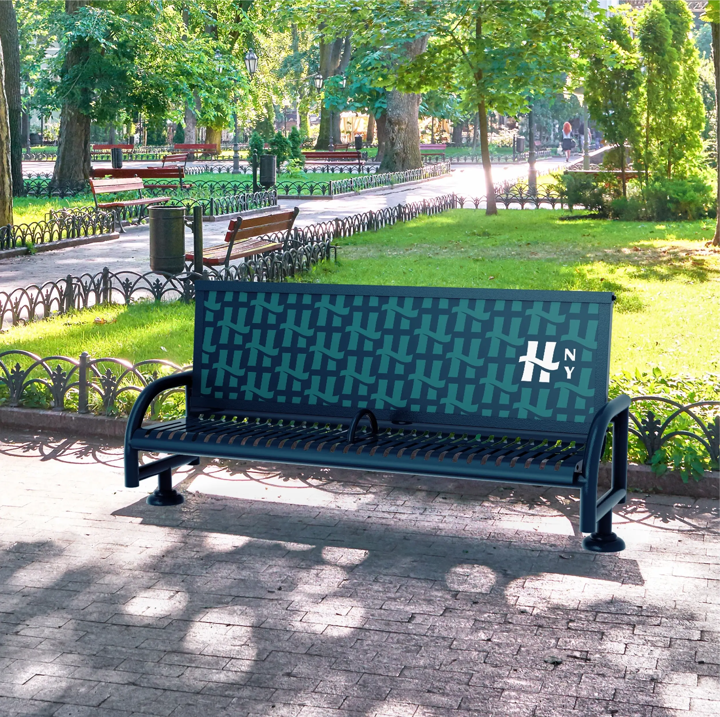 A branded Haverstraw bench in a park