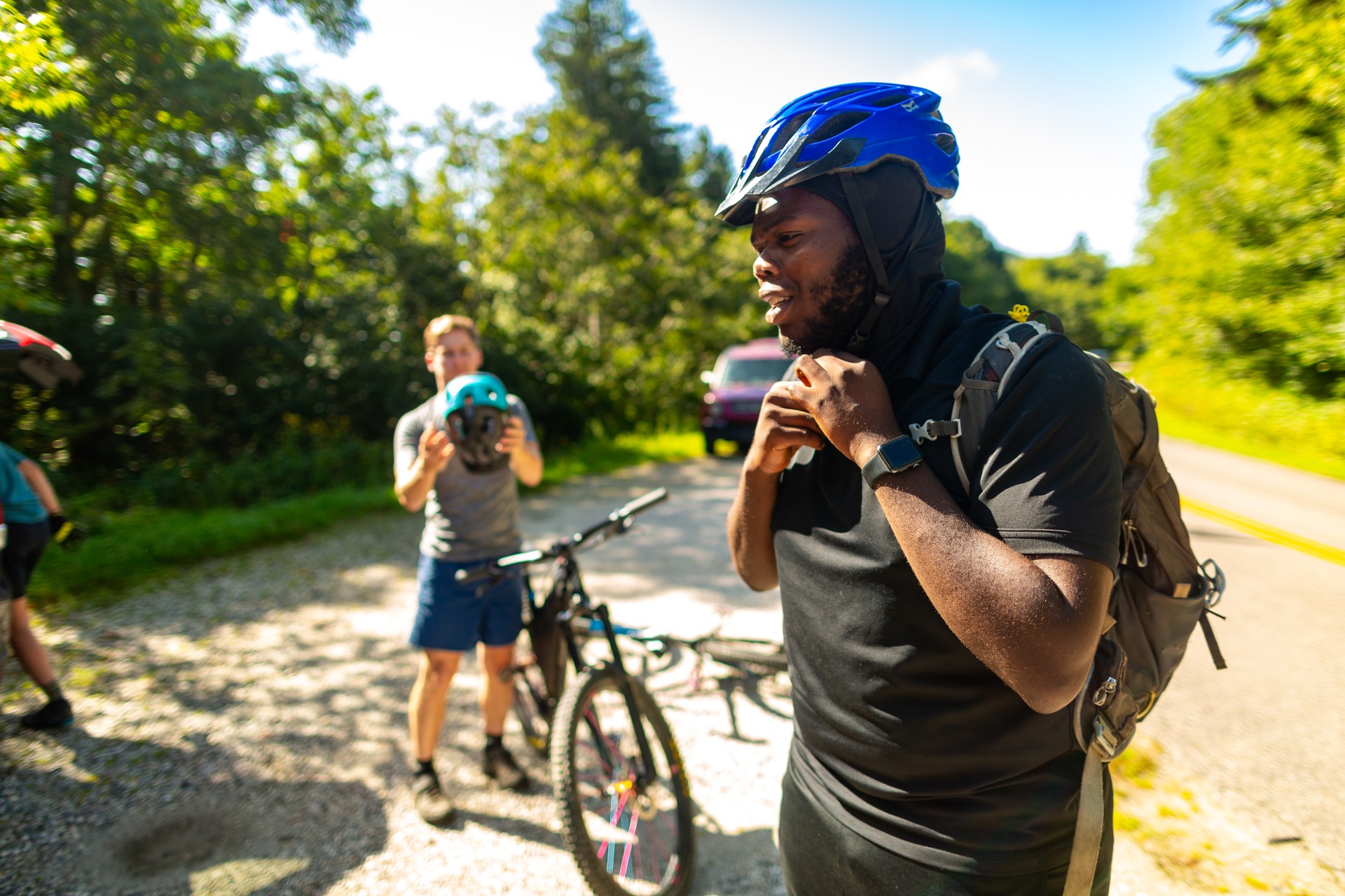 Friends bicycling.