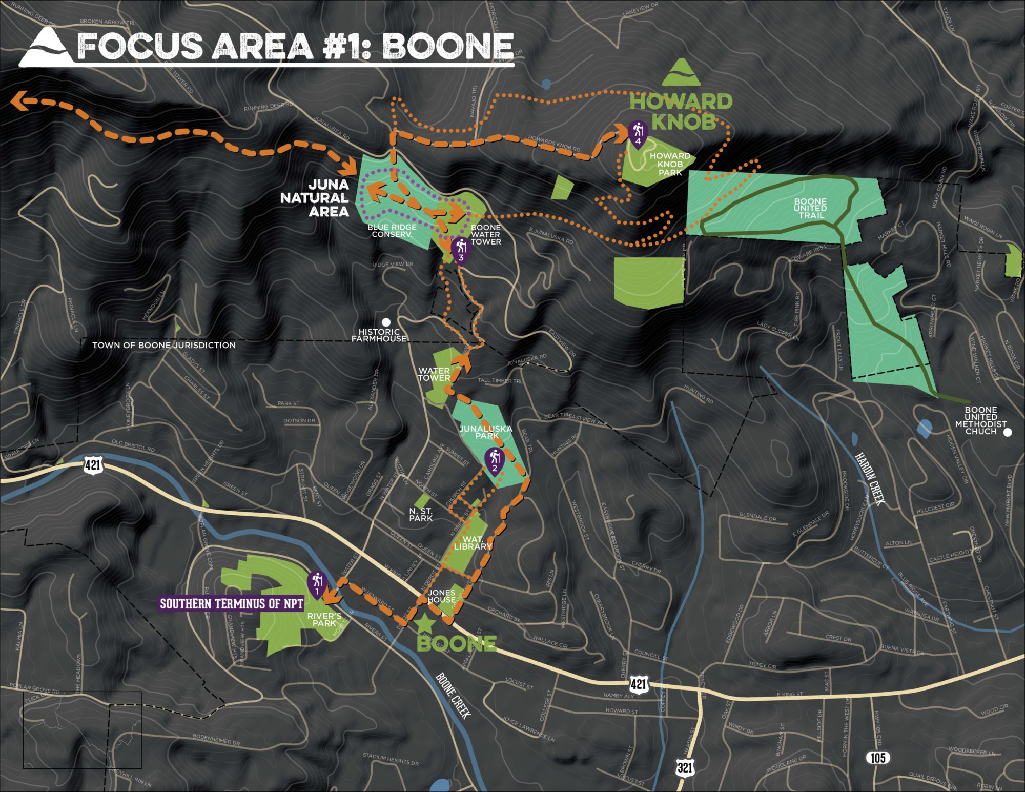 a map showing the boone focus area of the northern peaks trail