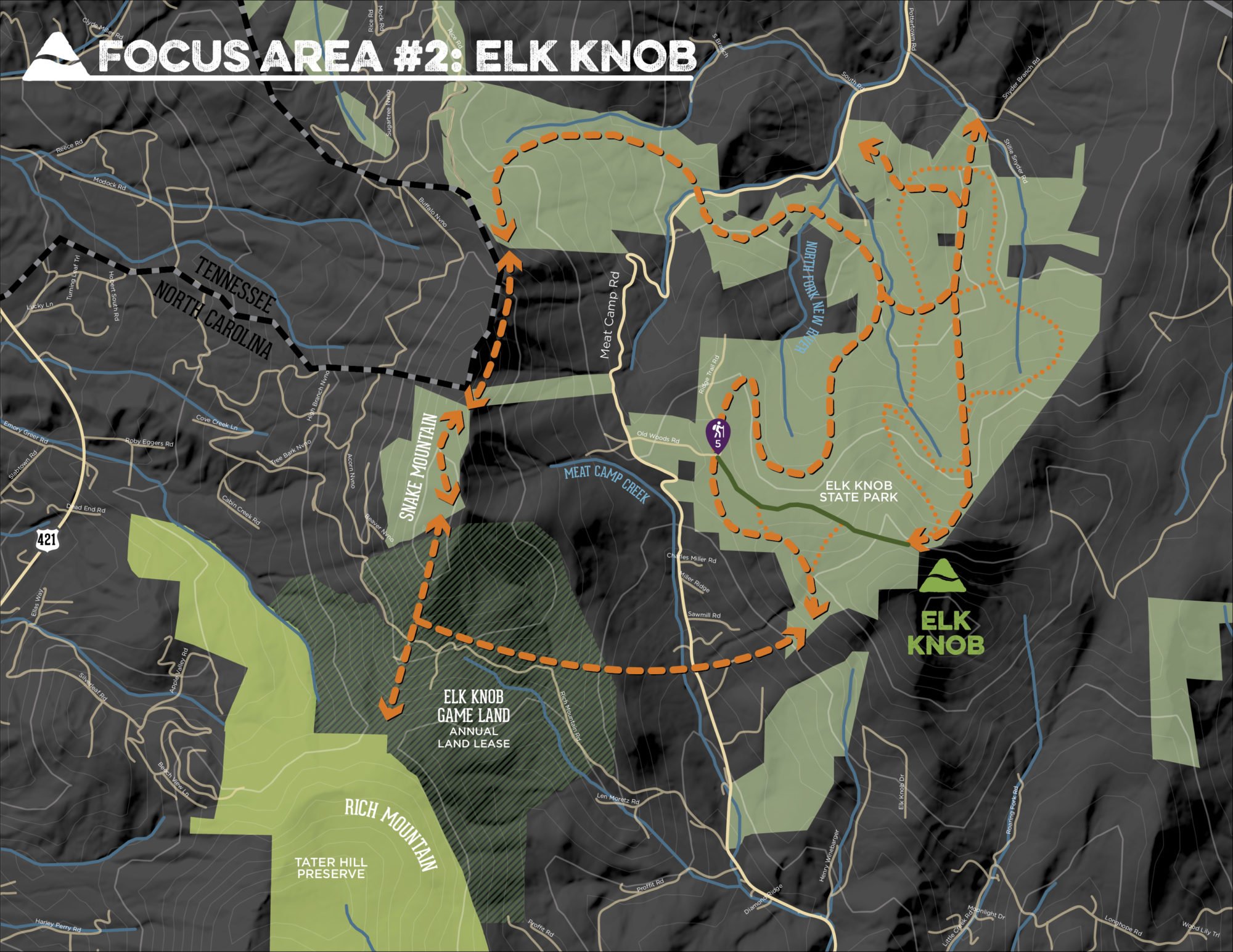 a map showing the focus area elk knob on the northern peaks trail