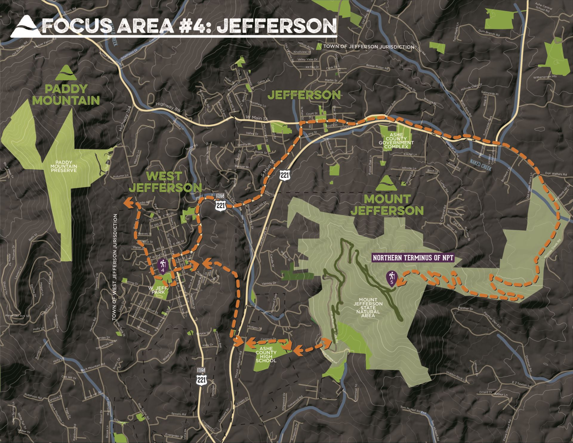 a map showing the focus area of the northern peaks trail