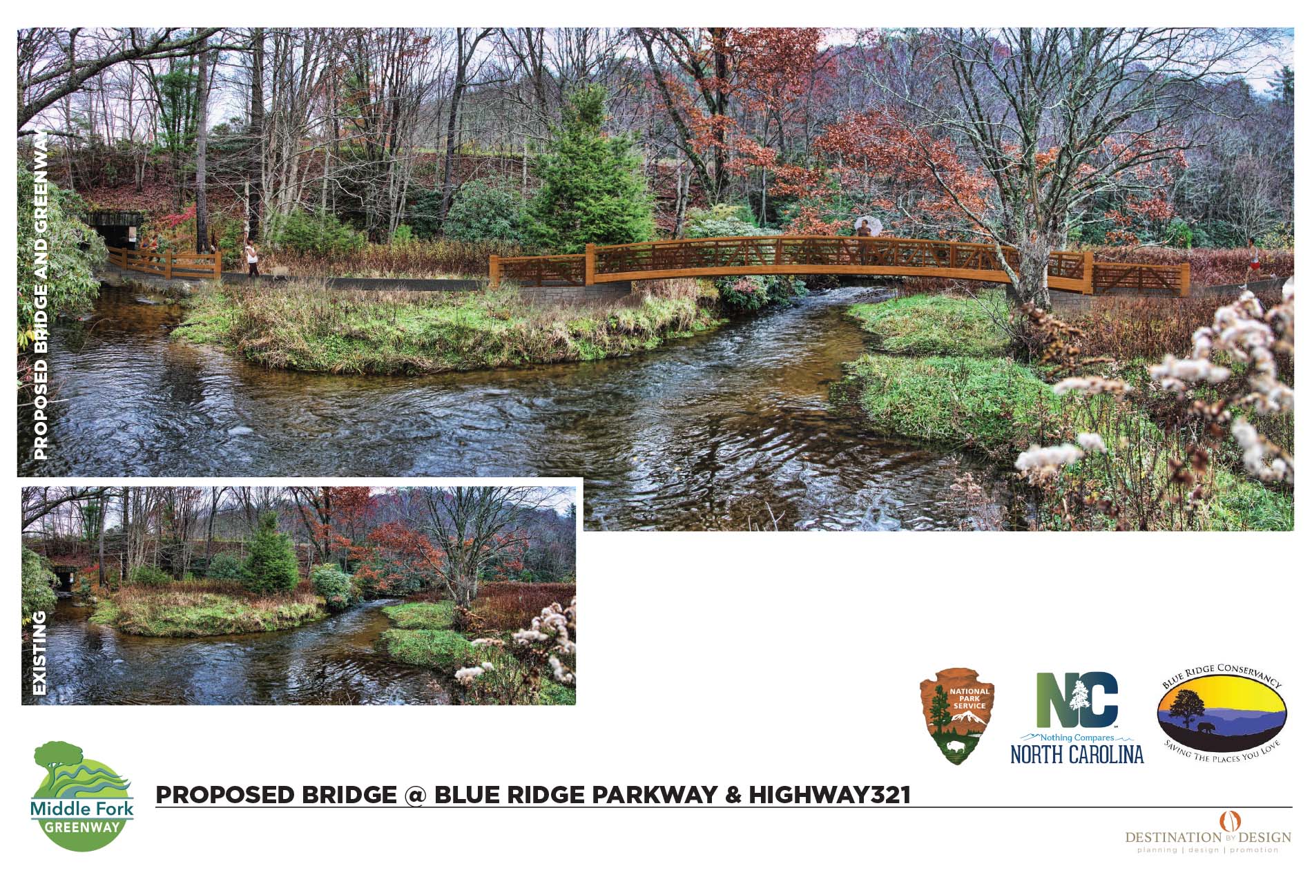 destination by design proposed bridge at blue ridge parkway and highway 321. Wooden bridge crossing a river and then going into a tunnel