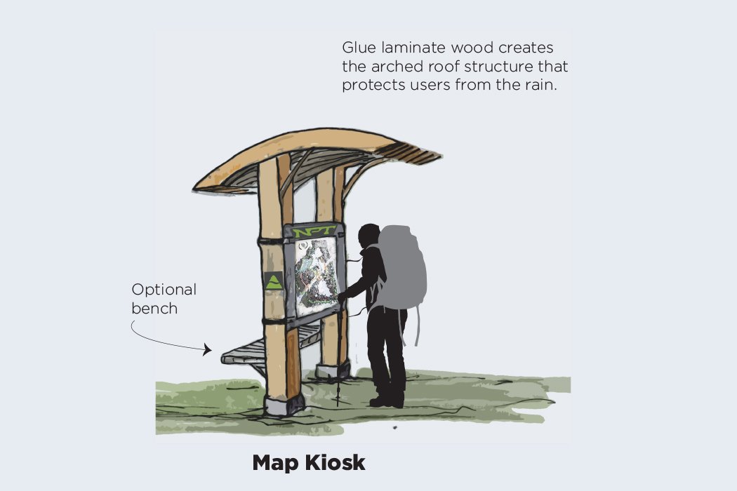 Rendering showing a hiker at a kiosk on the Northern Peaks Trail