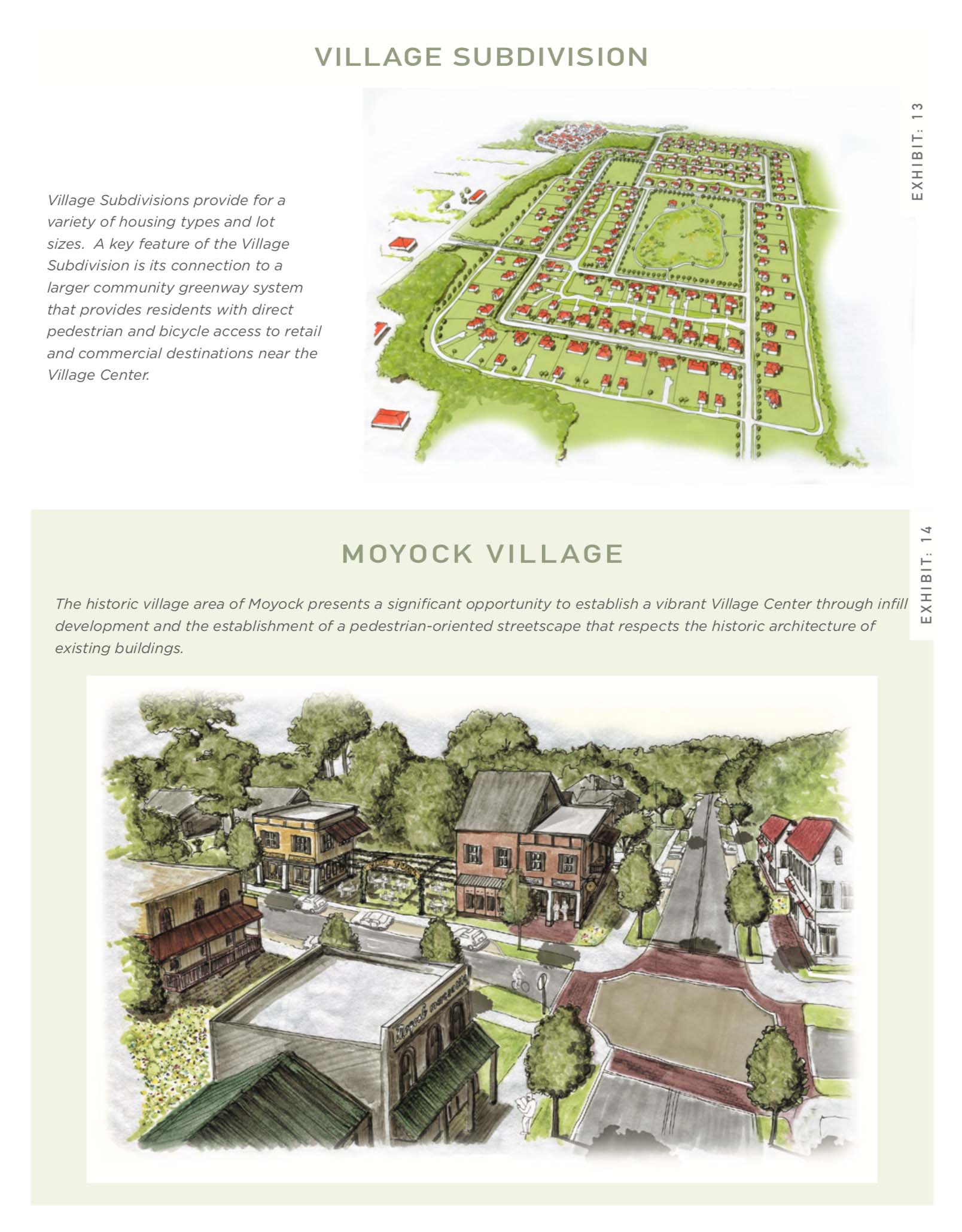Moyock Villiage subdivison. Top photo is a birds eye rendering, bottom photo is street level.