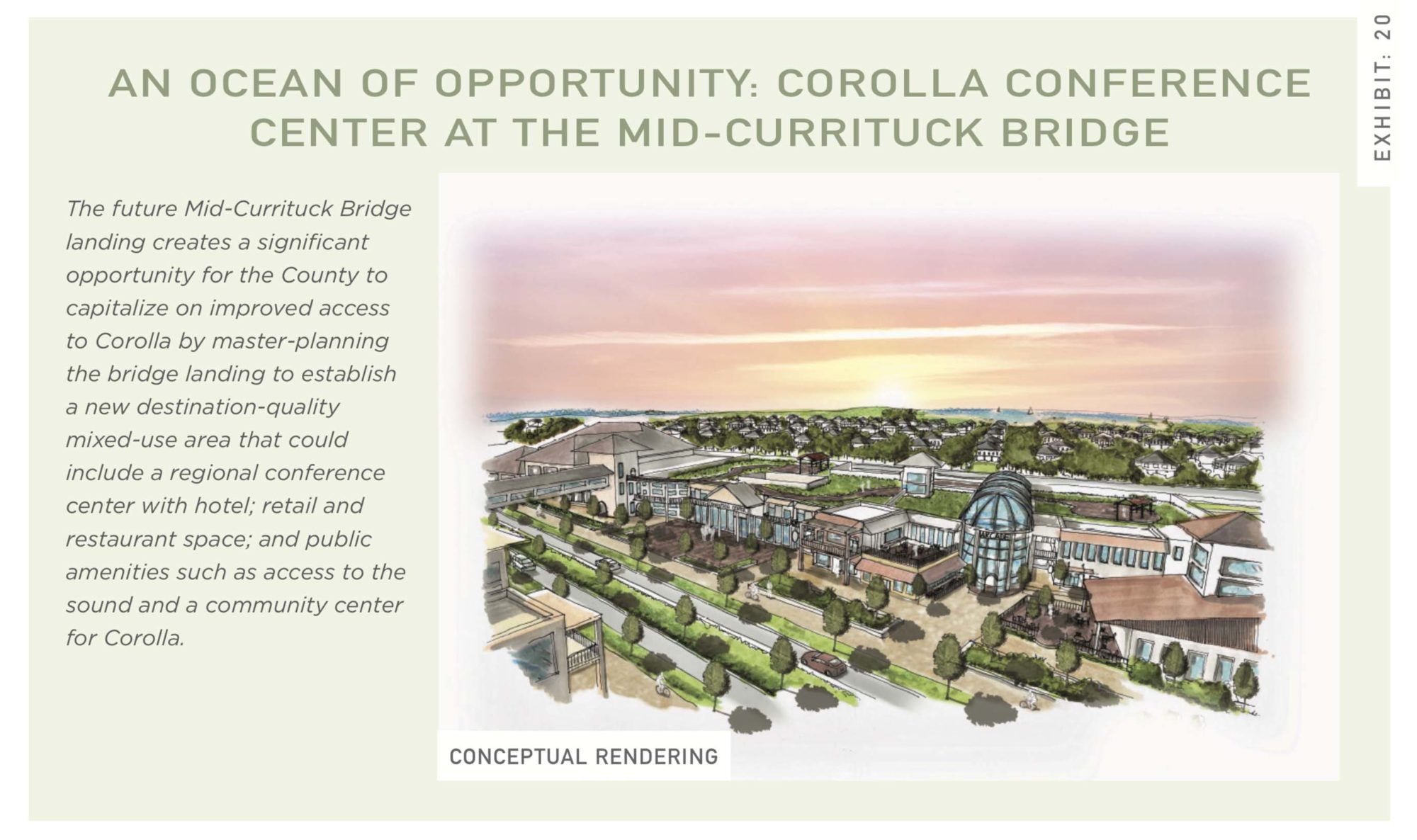 Rendering showcasing a road lined with greenery and the sun setting over the Currituck Sound