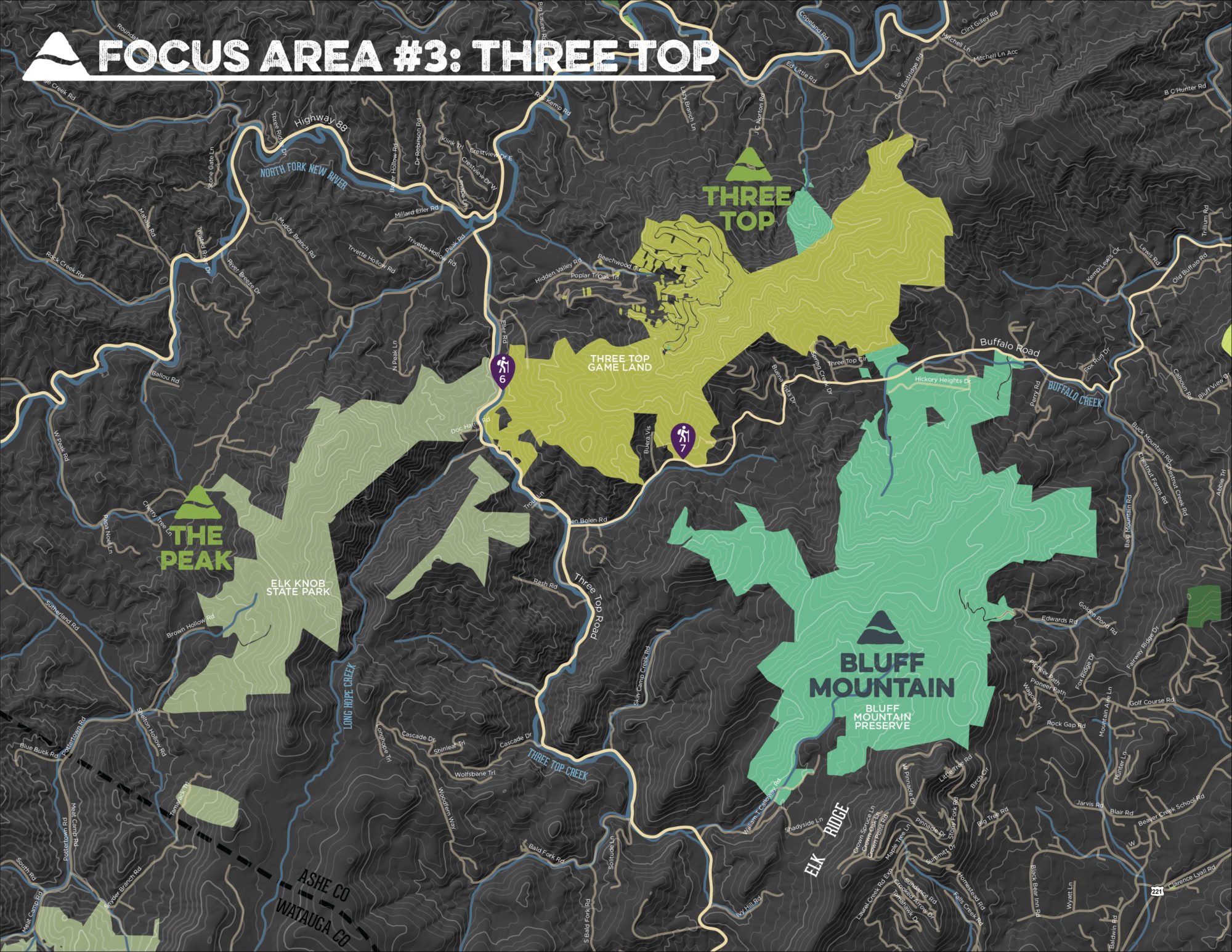 A map showing the focus area of the northern peaks trail