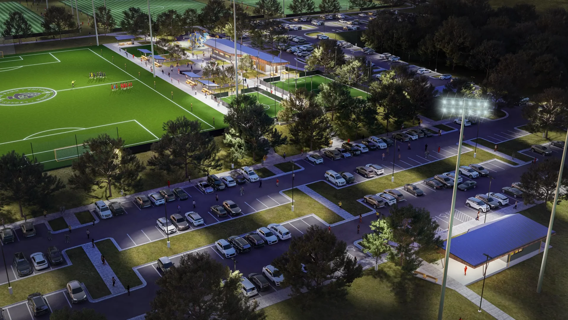 Legacy Soccer Park render at night.