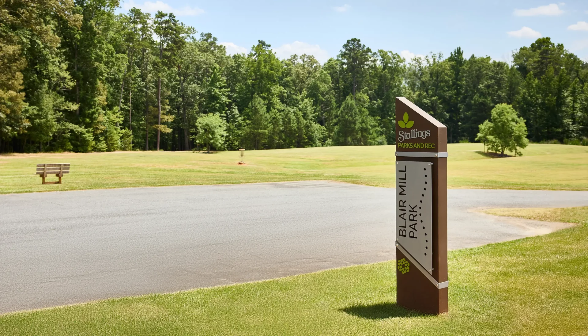 Stallings Greenway wayfinding Blair Mill Park parking lot.