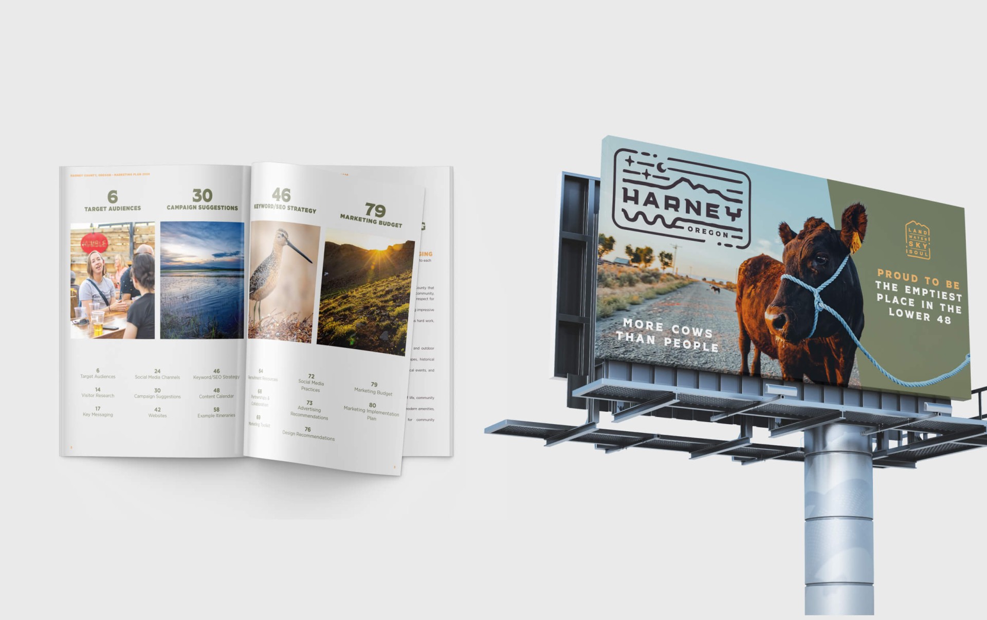 Mockups of the Harney County, OR marketing plan table of contents and a billboard advertisement.