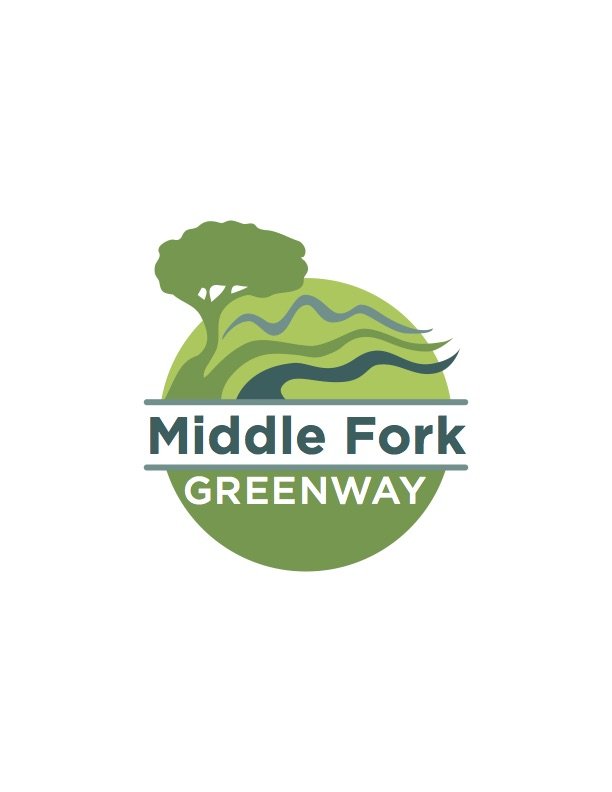 Middle fork greenway logo, featuring a tree and a river. all shades of green