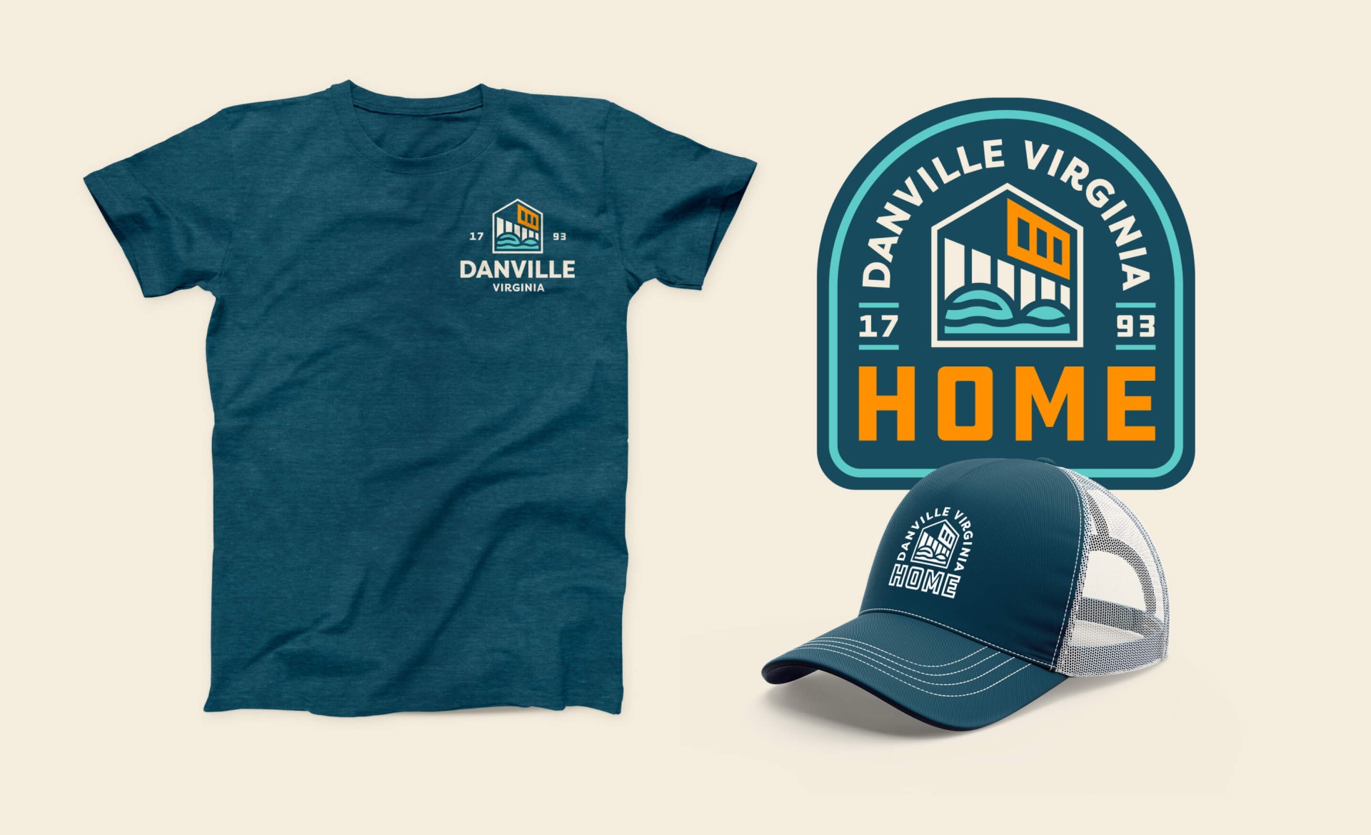 Mockups of branded Danville, VA merchandise including a t-shirt, a hat, and a sticker.