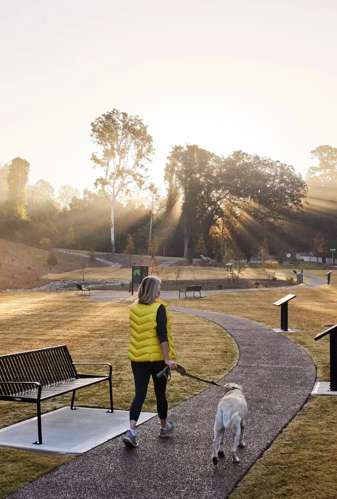 A woman in the park walking her dog