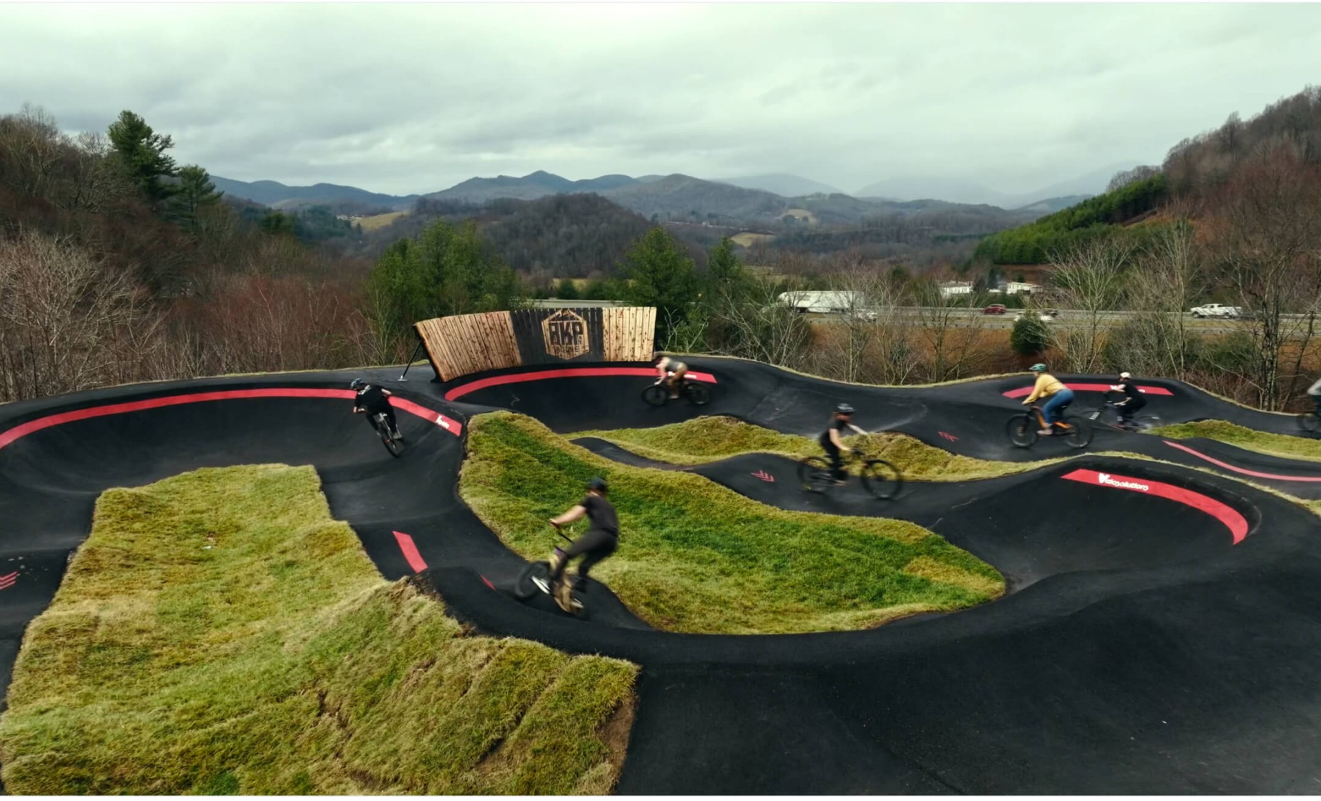 Rocky Knob Park pump track group riding.