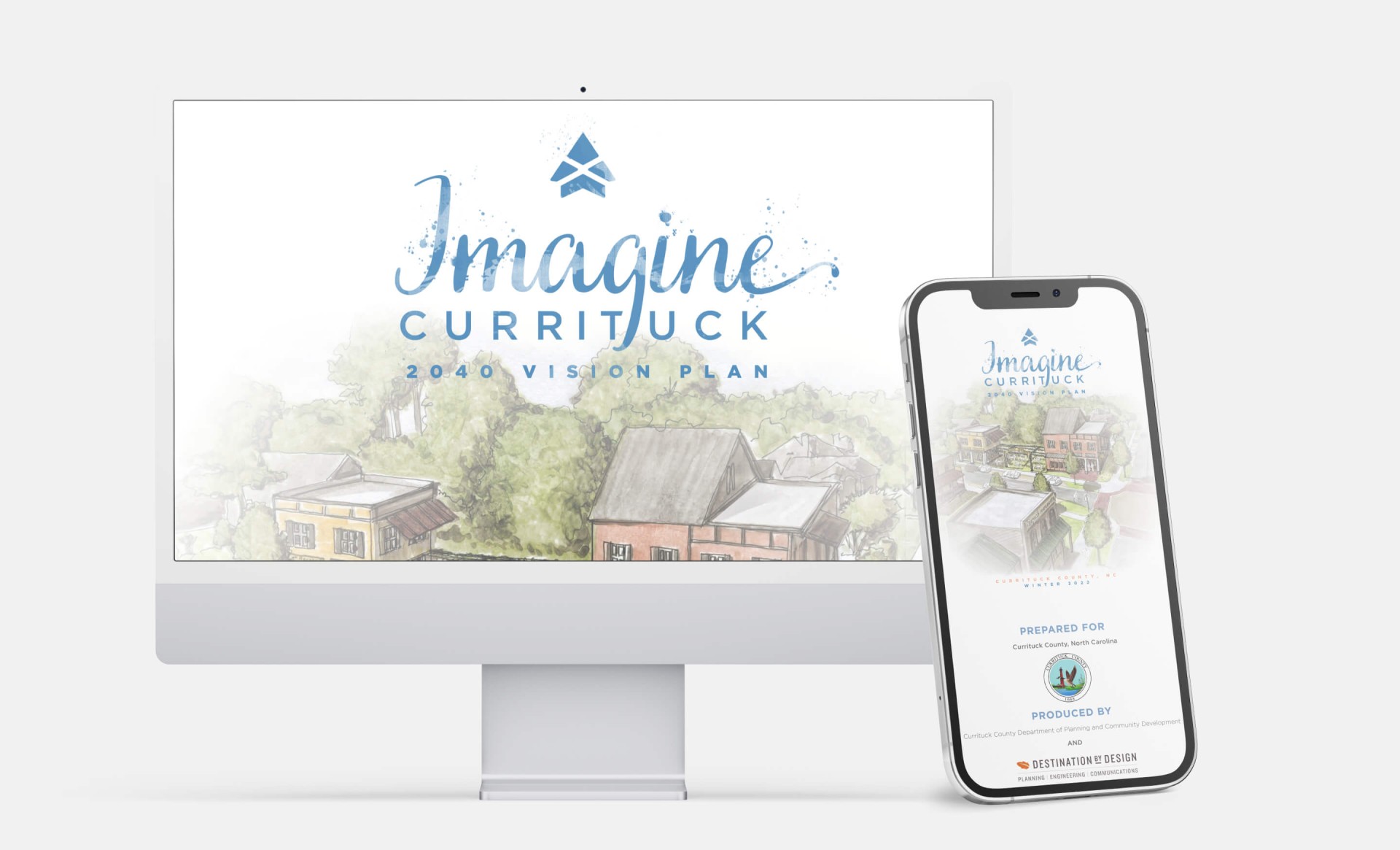 Desktop computer and mobile phone mockup for the Imagine Currituck plan website.