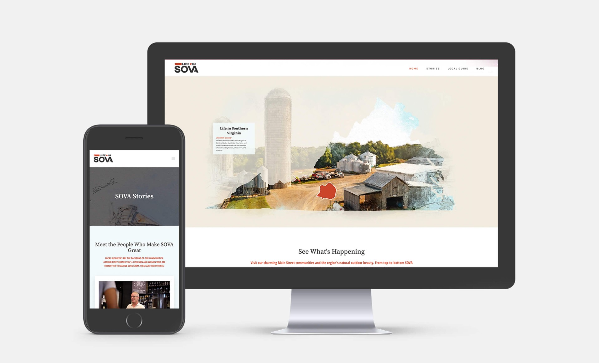 Life in SoVA website on a phone and a desktop computer.